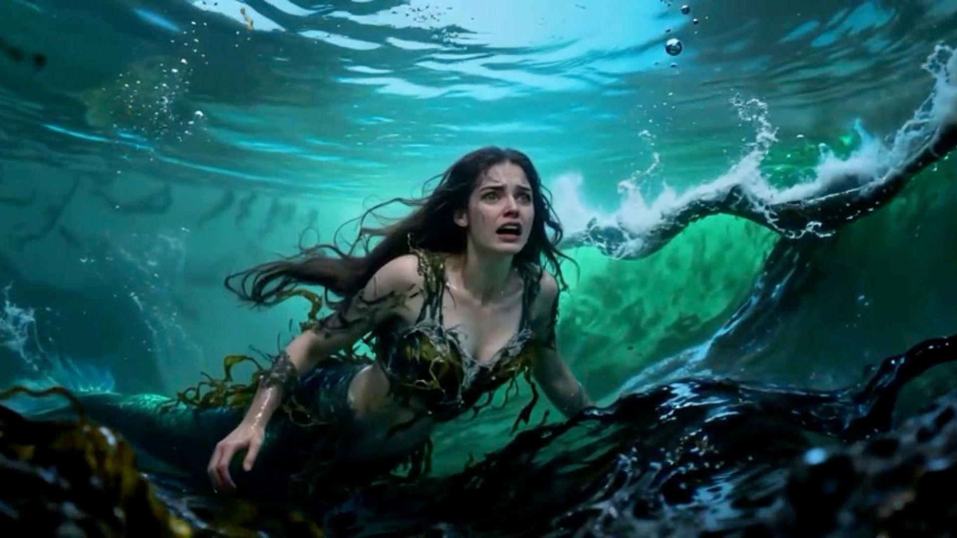 Inexorably, the distraught mermaid is dragged to the bottom of the sea, devoured by seaweed.