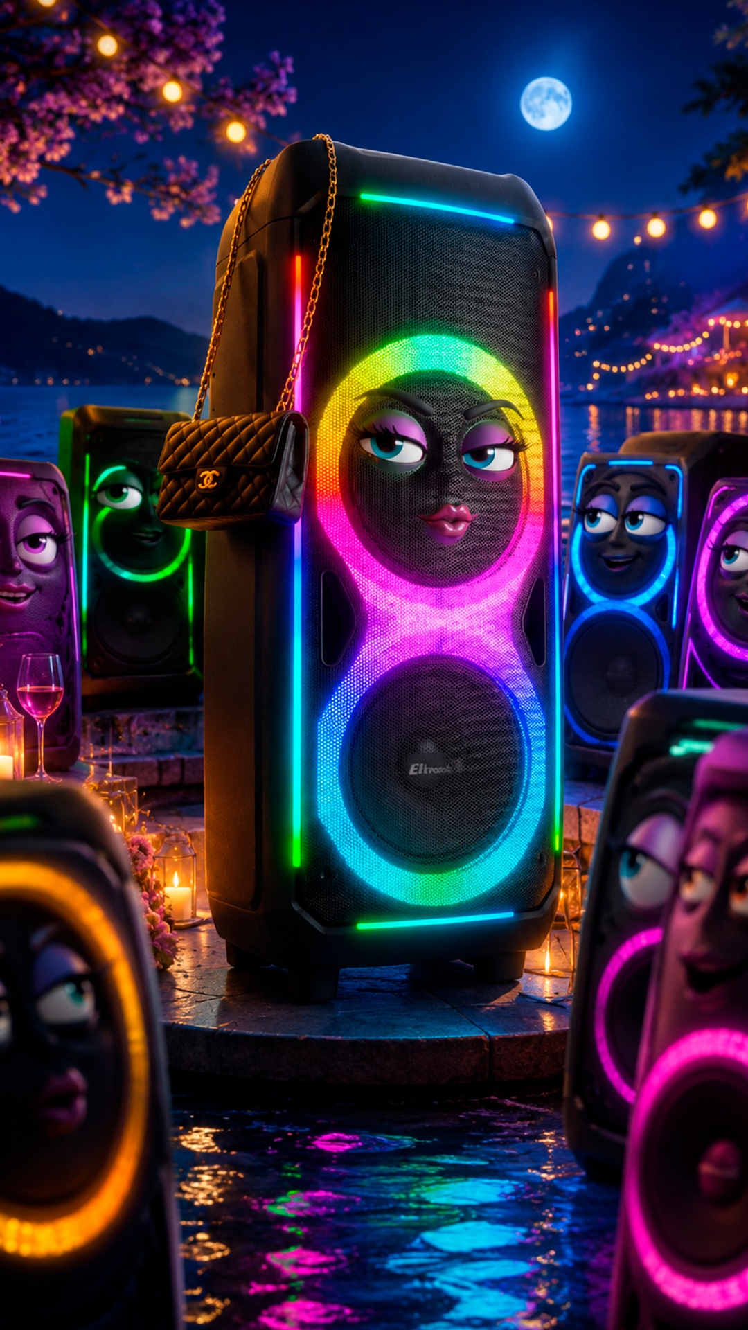 Animate the black speaker with the handbag as the star near the lake, glowing and playing. Animat...
