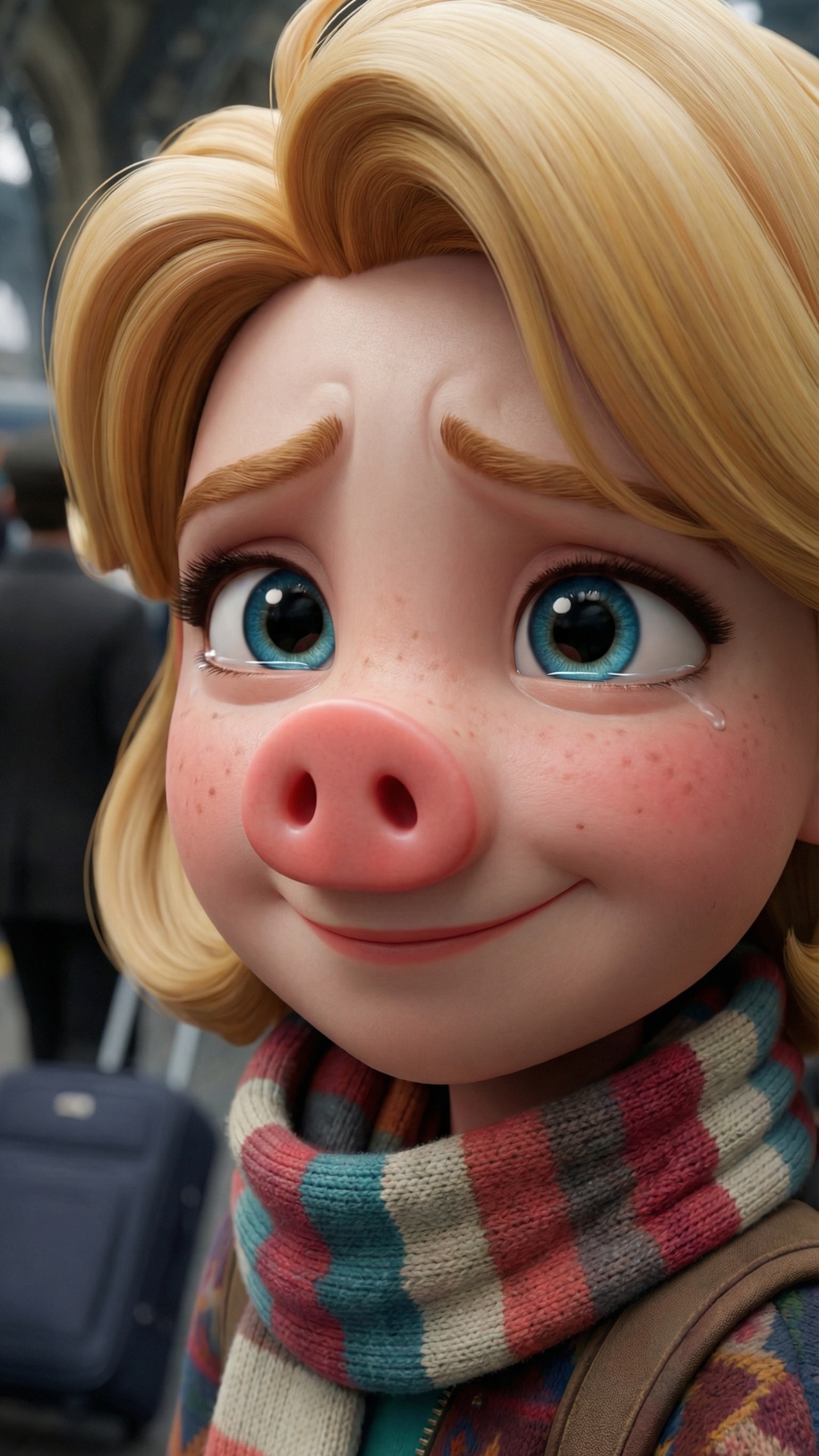 3D animated cinematic shot, Disney-style, close-up of Penka’s face, pig snout visible but cute, e...