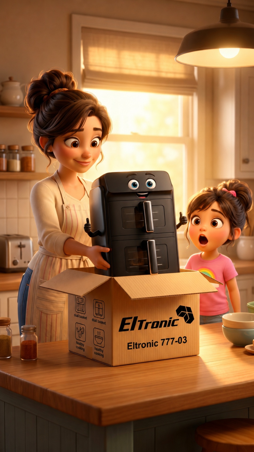 The mother opens the Eltronic 777-03 box.

She carefully lifts out the dual-basket air fryer.
...