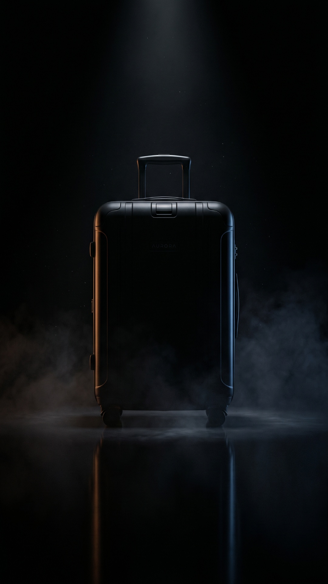 A dark mysterious suitcase slowly rotates around its own axis in a black cinematic studio. Thin n...