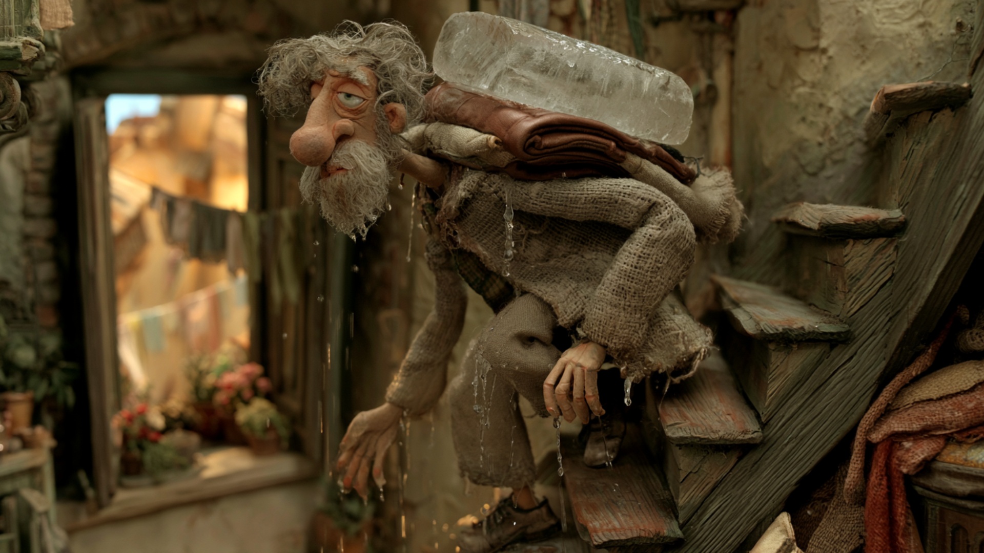 From his existing crouched position on the staircase, the iceman carefully rises one step higher ...