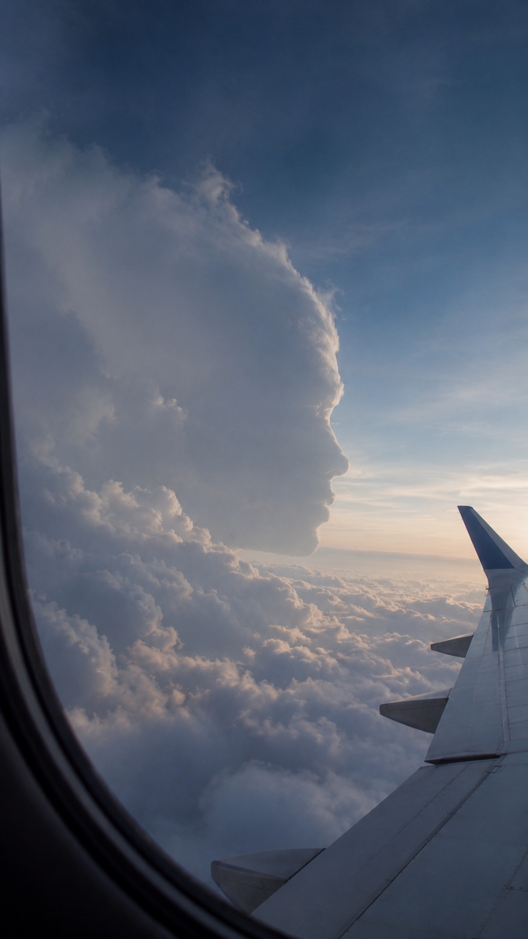 realistic airplane window footage, subtle airplane vibration, natural daylight above the clouds, ...