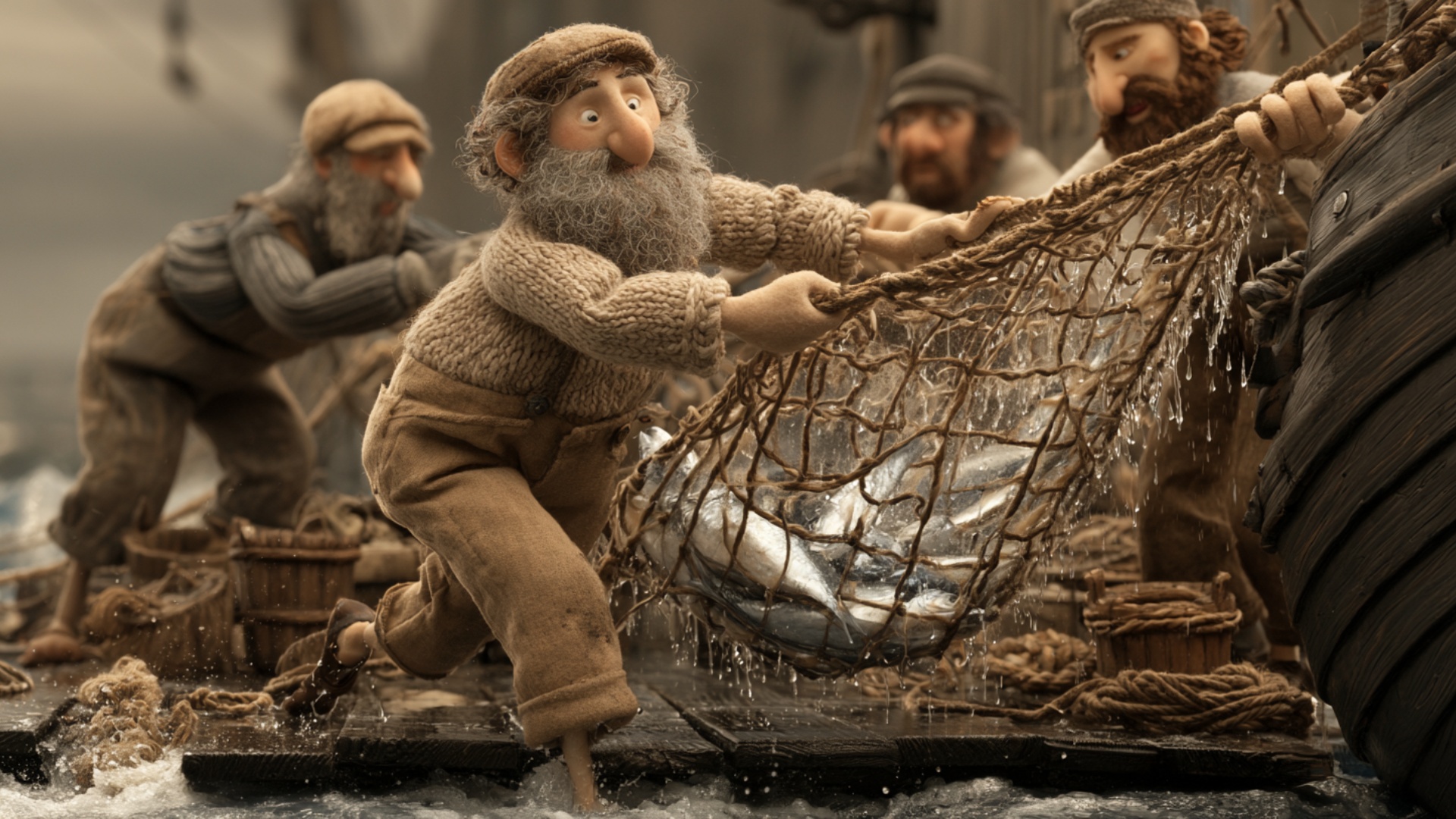 The fishermen pull the heavy wet net together in one coordinated effort, leaning their bodies bac...