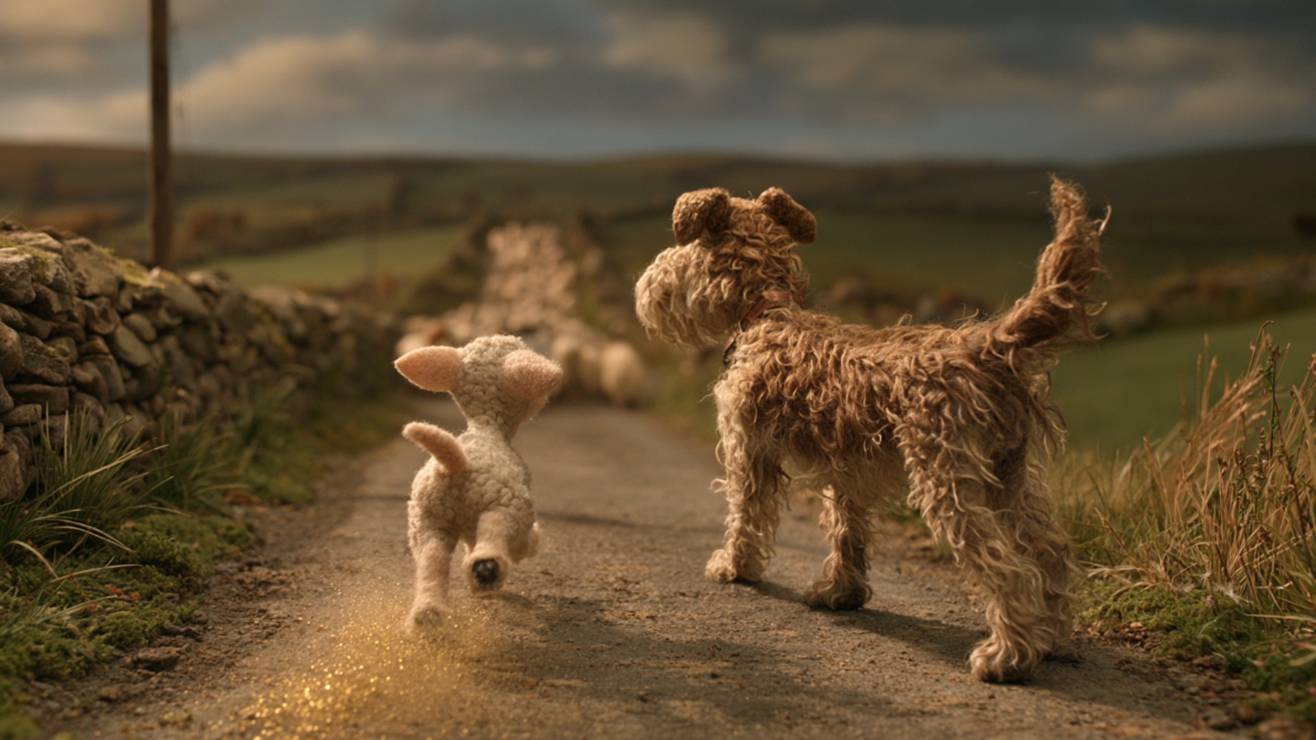 The lamb walks briskly but naturally forward for several full steps, clearly closing the distance...