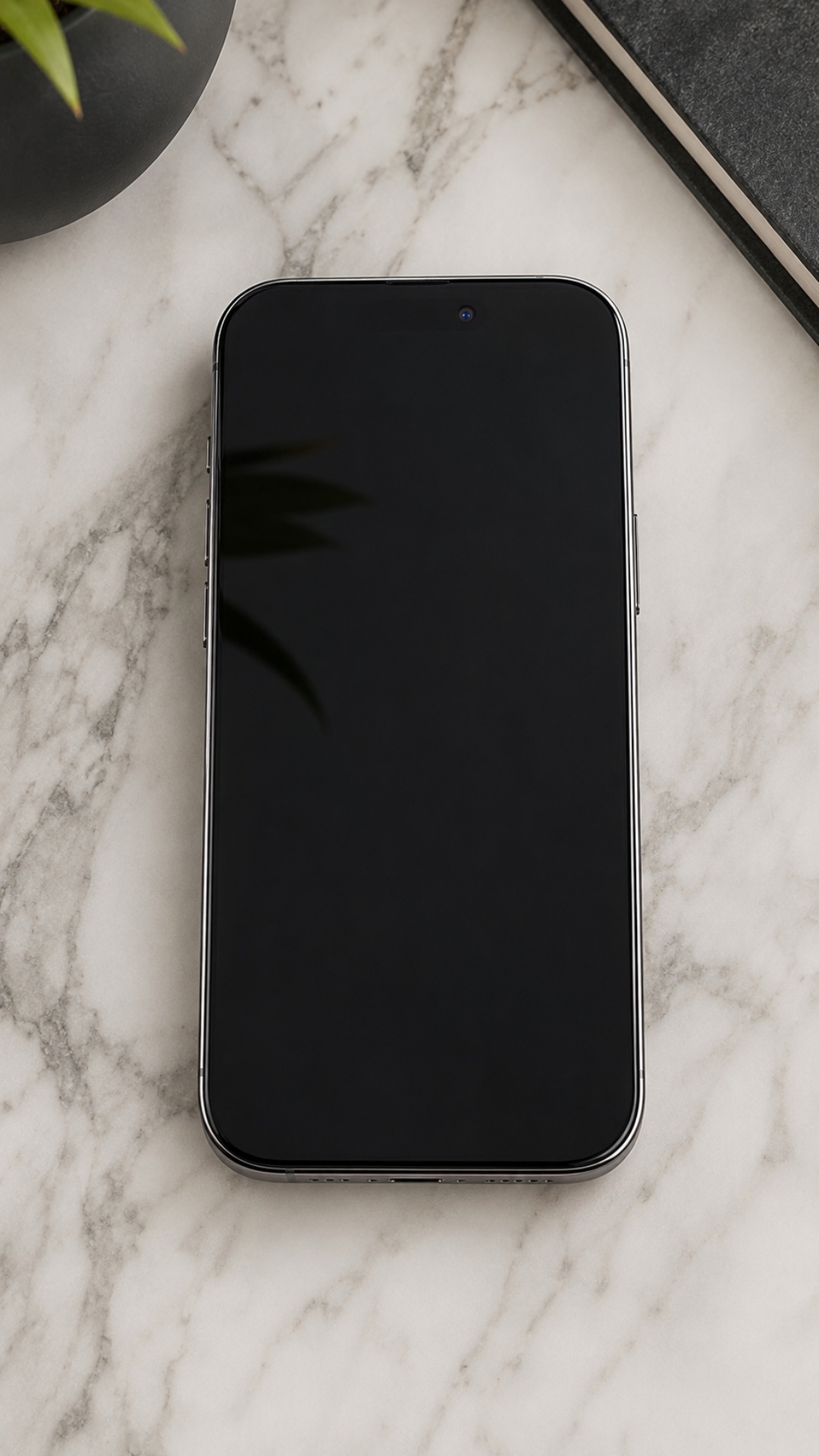 Create a realistic vertical 9:16 video.

Start with the phone lying on a marble table with the ...