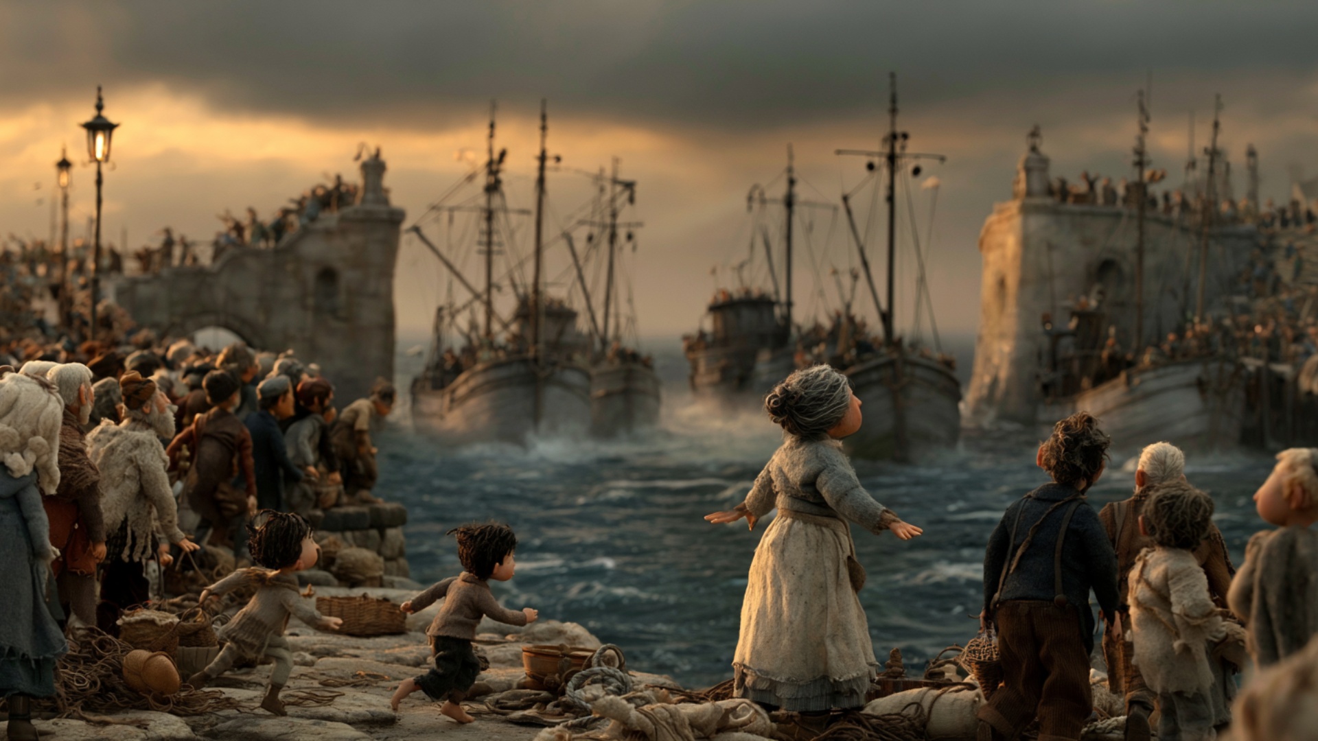 The fishing boats slowly advance through the harbor entrance toward the waiting village, their bo...