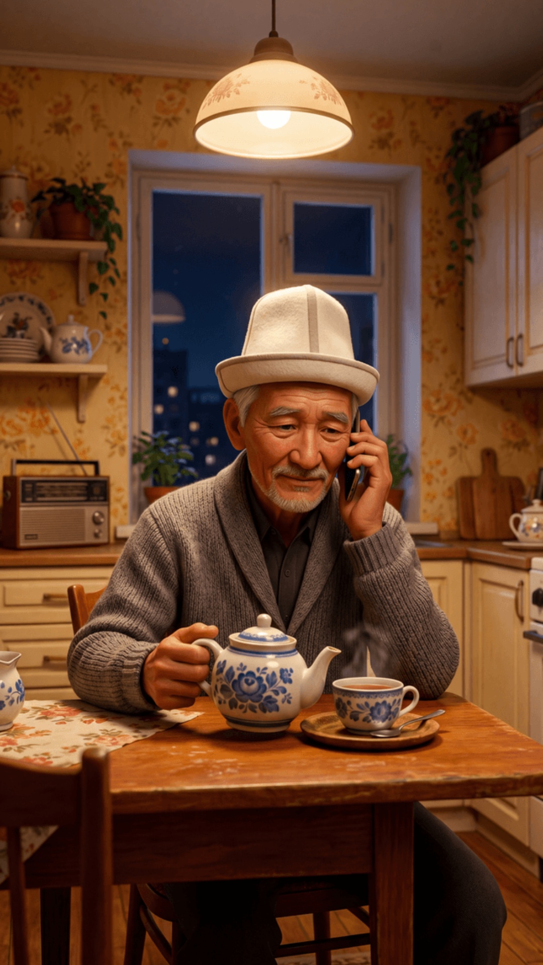 Pixar 3D animation style, cinematic 4K.
Soviet-style cozy kitchen, late night.
Warm floral wallpa...