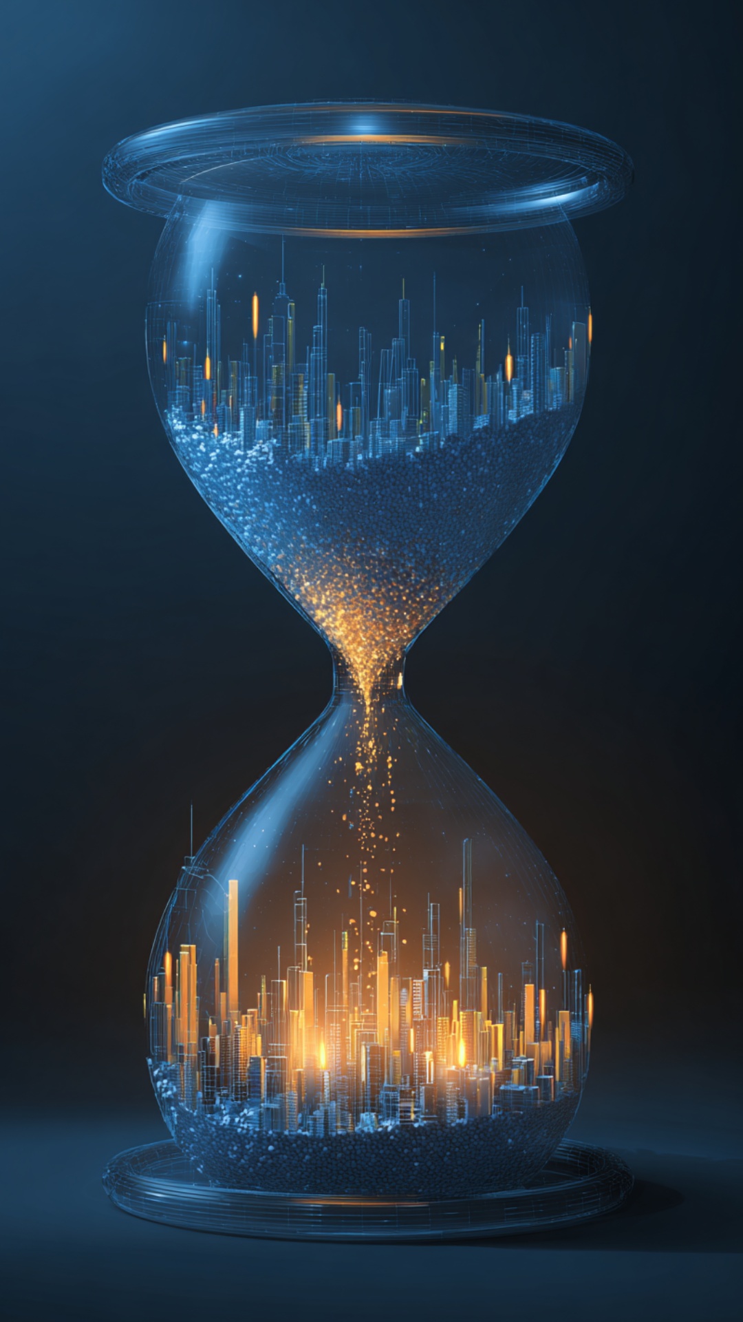 A futuristic hourglass filled with glowing particles and cityscape elements falling from top to b...