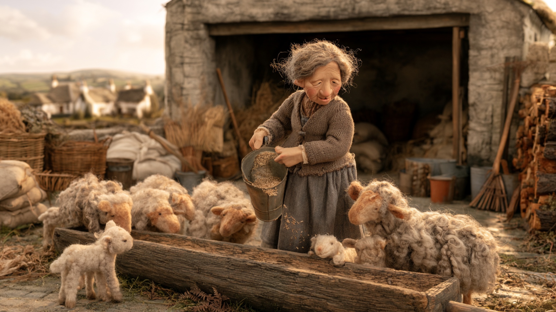 The woman tips the metal bucket and pours a visible stream of grain into the wooden trough, movin...