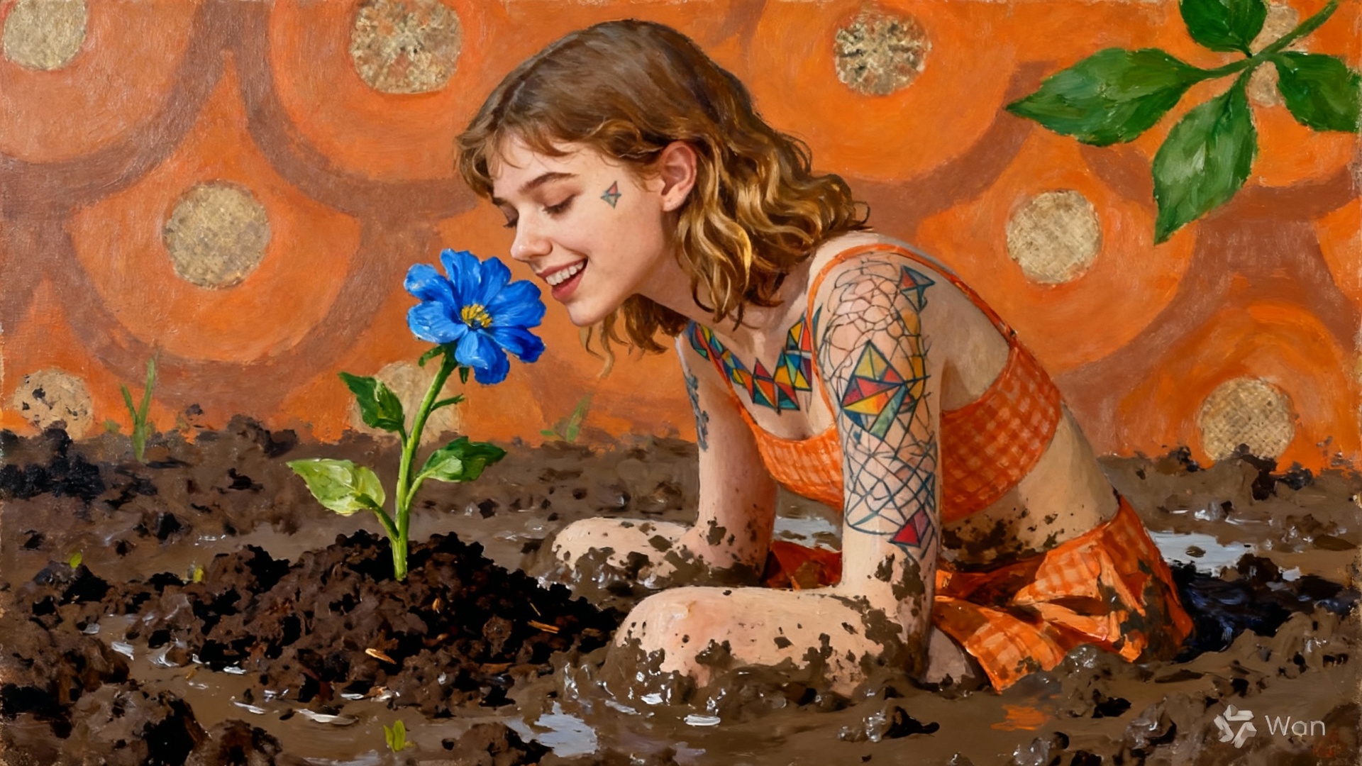 Une jeune femme assise dans la boue sent avec ravissement une fleur bleue, mais celle-ci fâne et ...