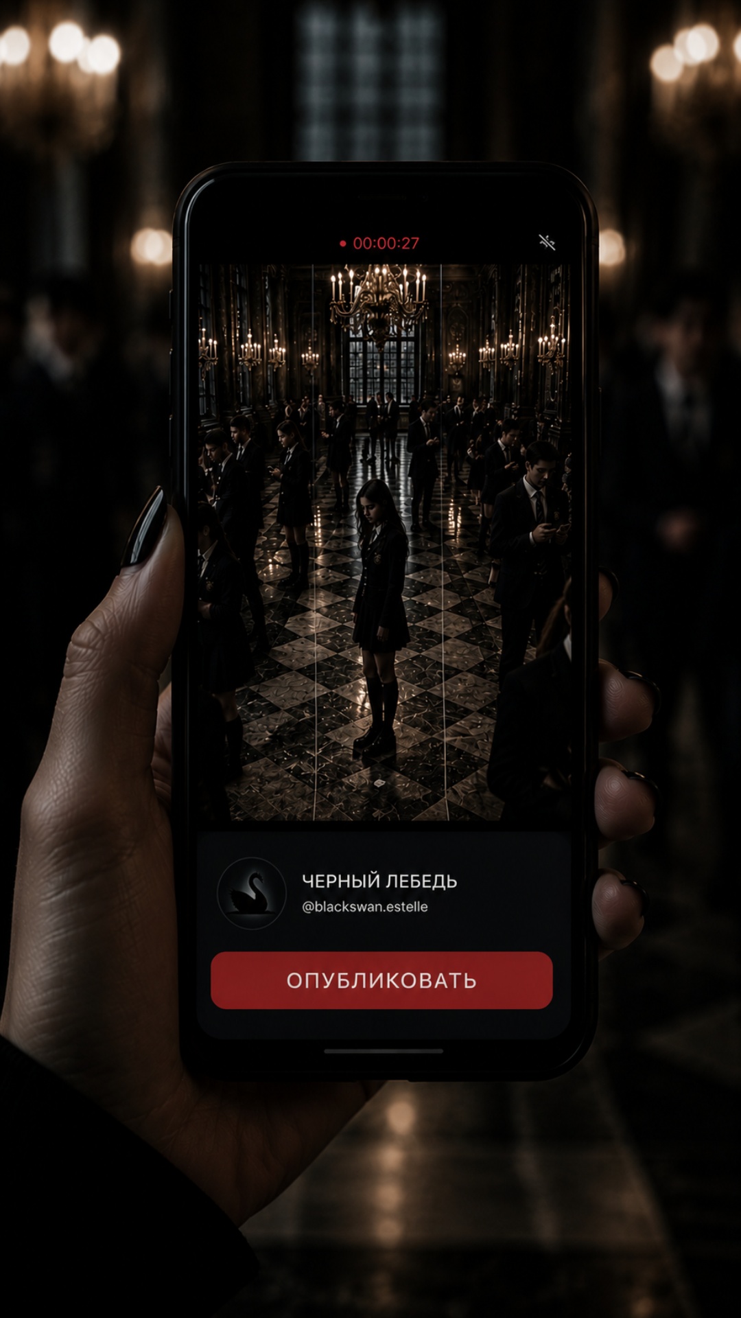 cinematic anonymous point of view shot through a smartphone camera inside a luxurious gothic acad...
