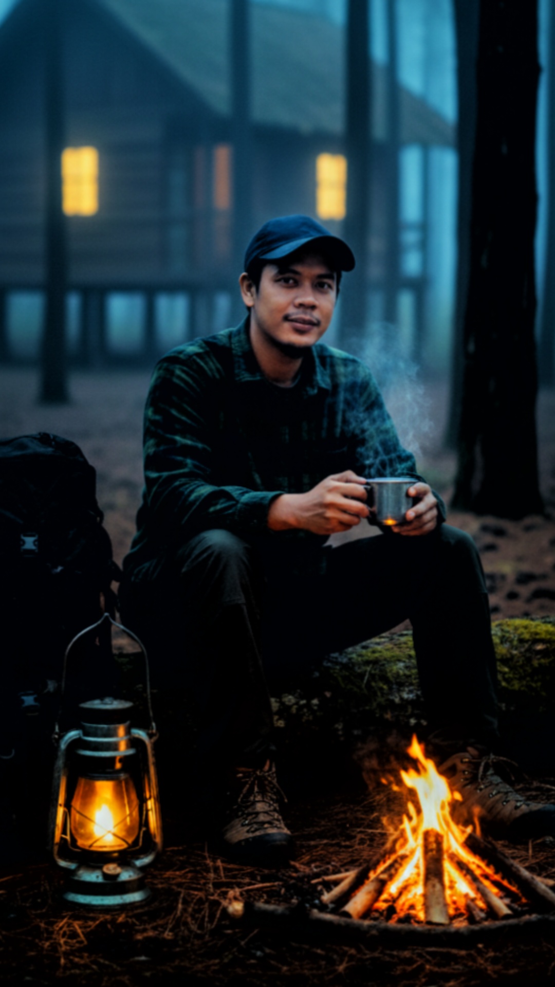 “A realistic cinematic video of the same man from the reference image, sitting by a small campfir...
