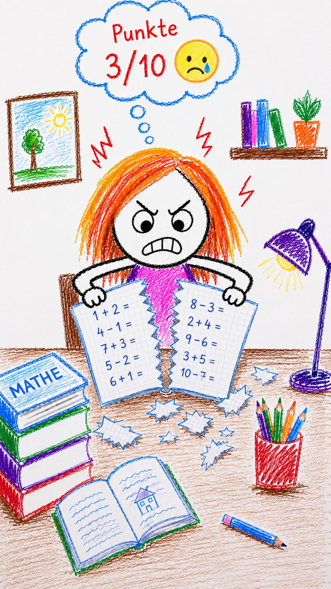 A young schoolgirl looks at her math test score: "Punkte 3/10" with a sad emoji. Her face changes...