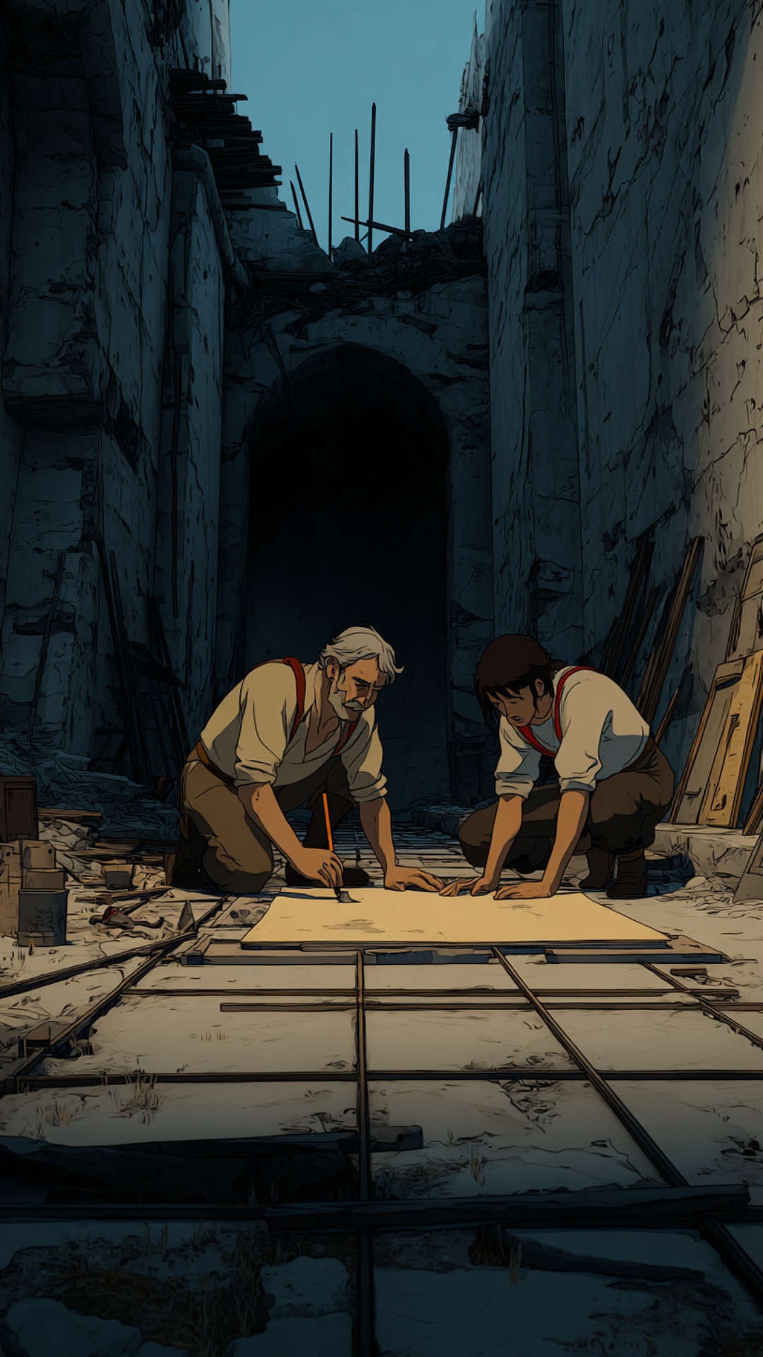 Camera is static, men are working