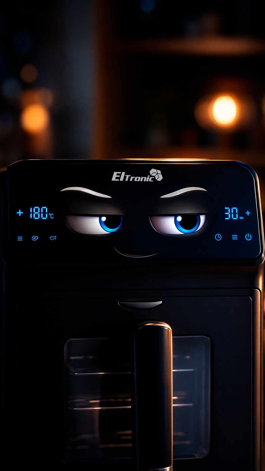 Slow cinematic push-in toward the air fryer's face.

The eyes slowly narrow.

One eyebrow ris...