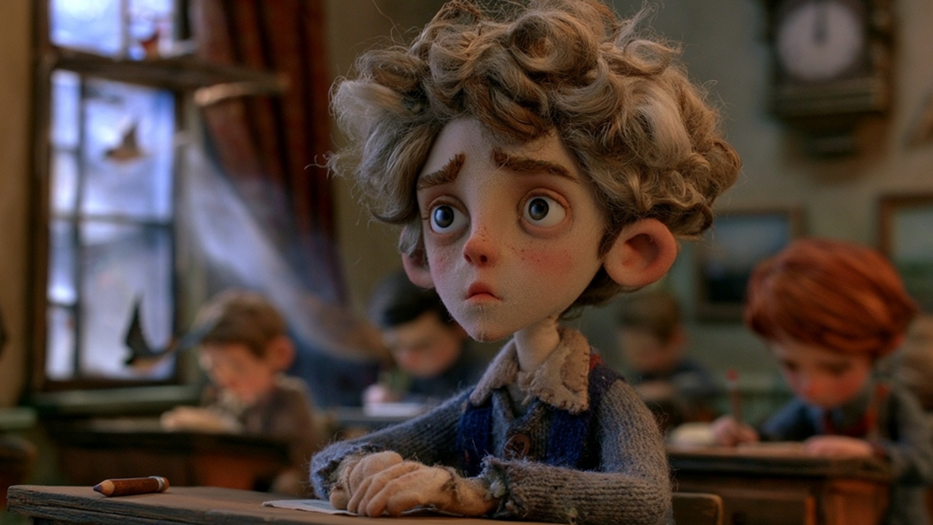 Begin exactly from the provided image. The boy sits still at his desk while his attention quietly...