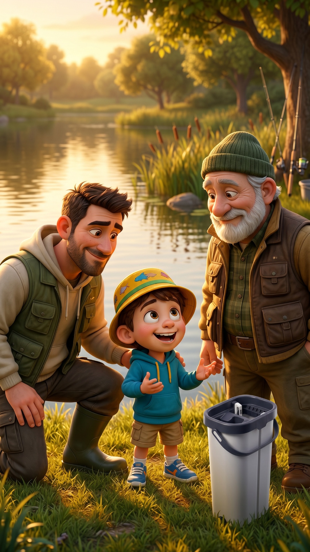 Father and grandfather kneel beside happy little boy near Eltronic bucket. Boy excitedly talks wh...