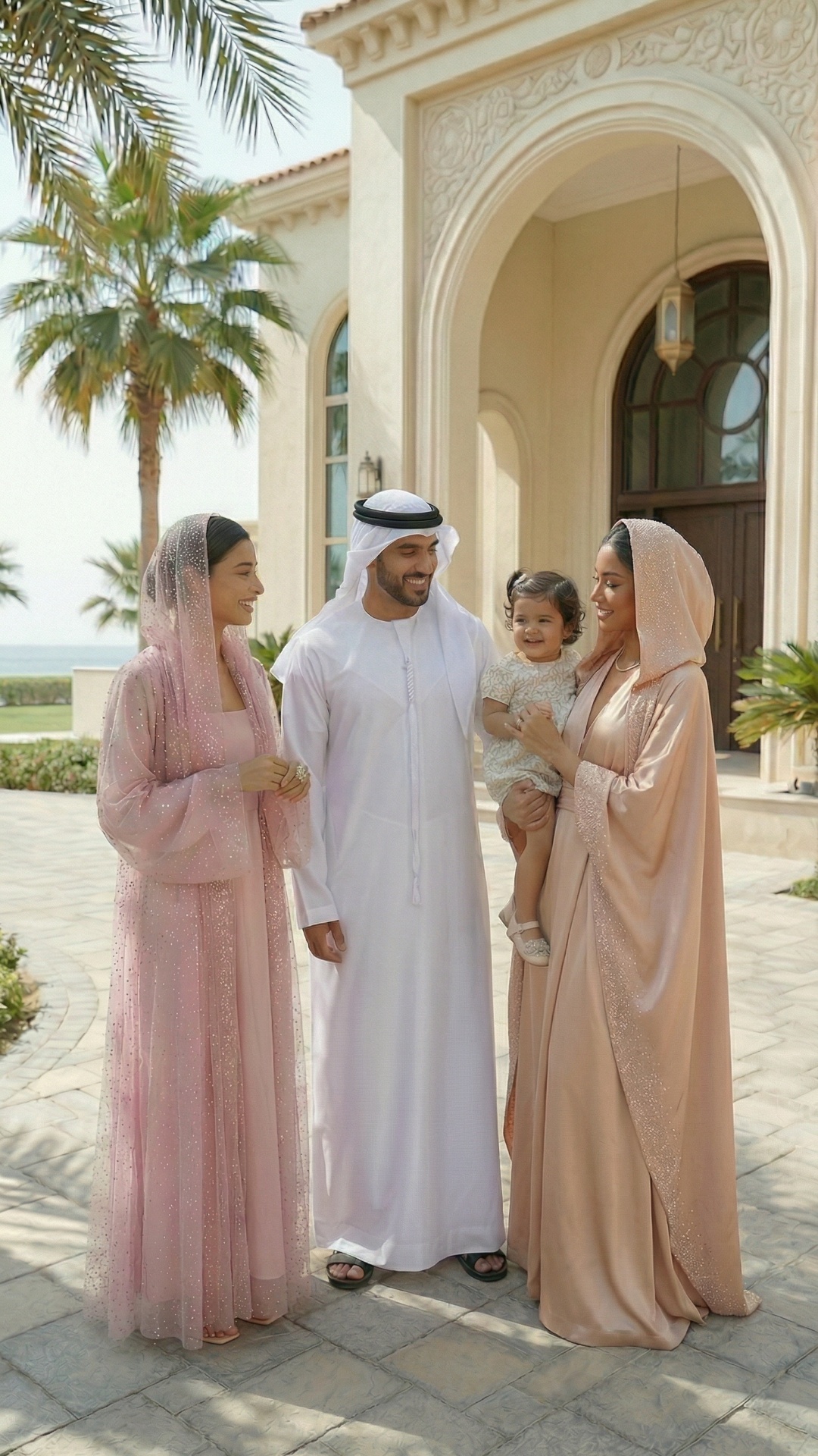 guests have come, model in pink invites them to villa