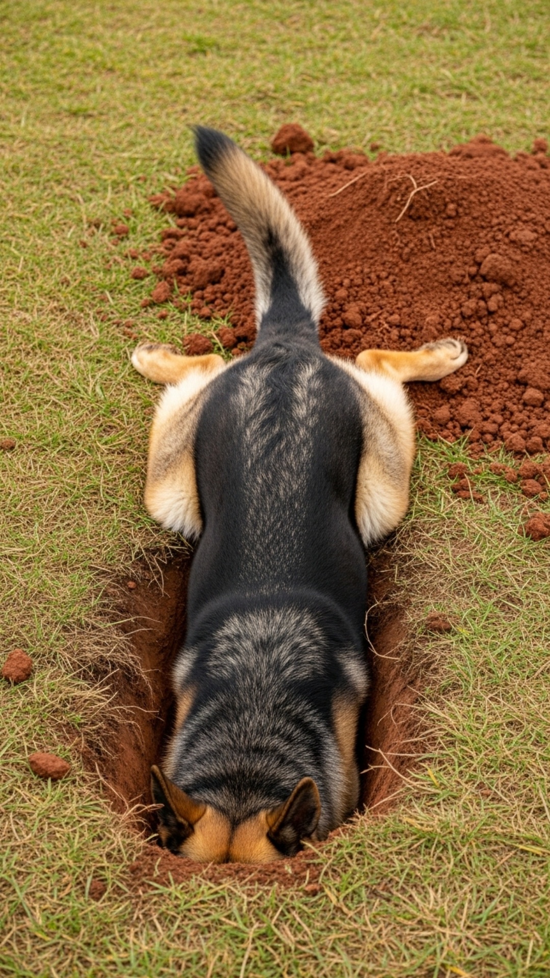 A hyper-realistic 8-second vertical video.
A German Shepherd is outdoors, still digging with its ...