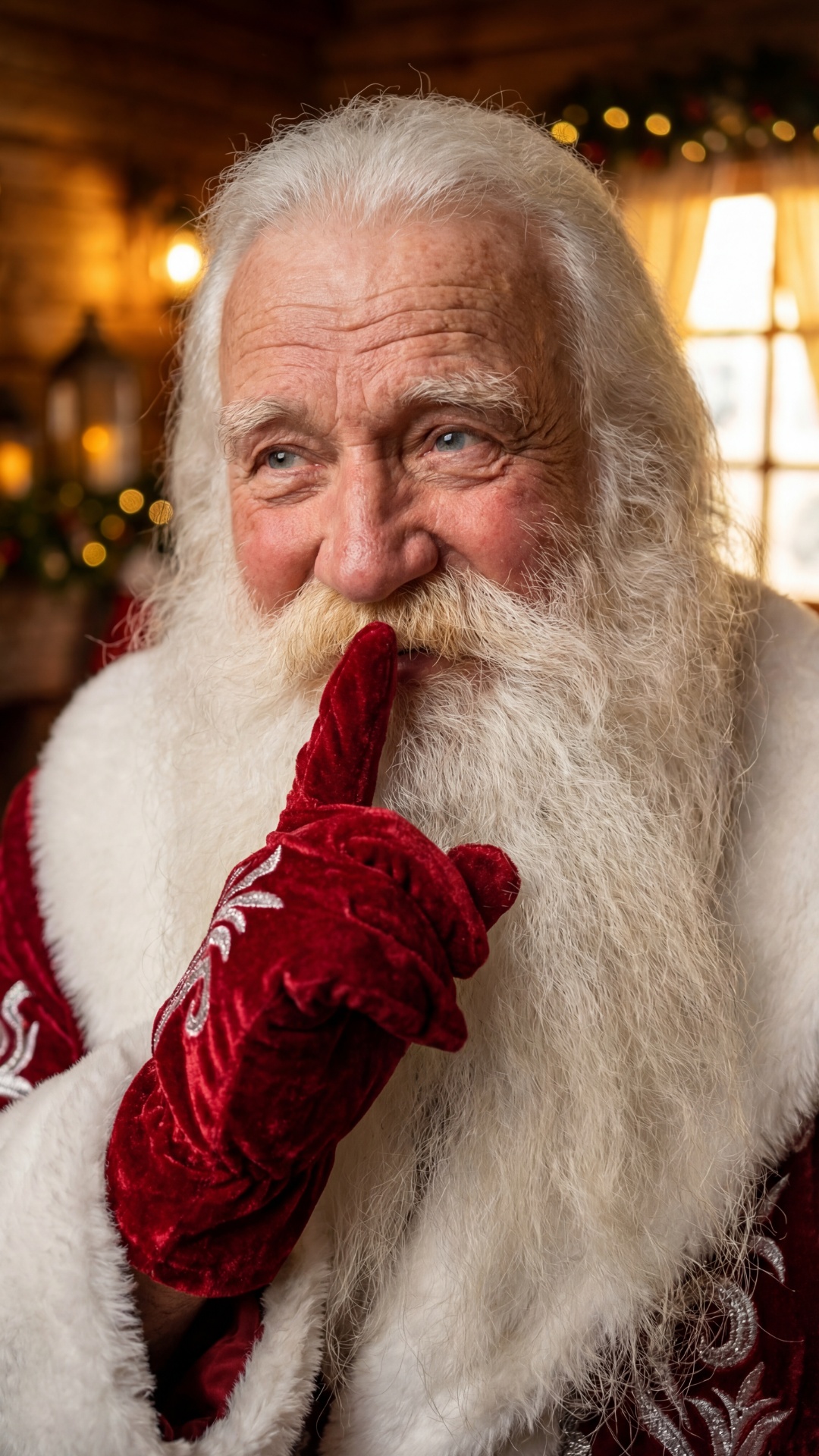 Extreme close-up of Ded Moroz's face. He looks thoughtful, brings a finger to his lips in a "shh"...