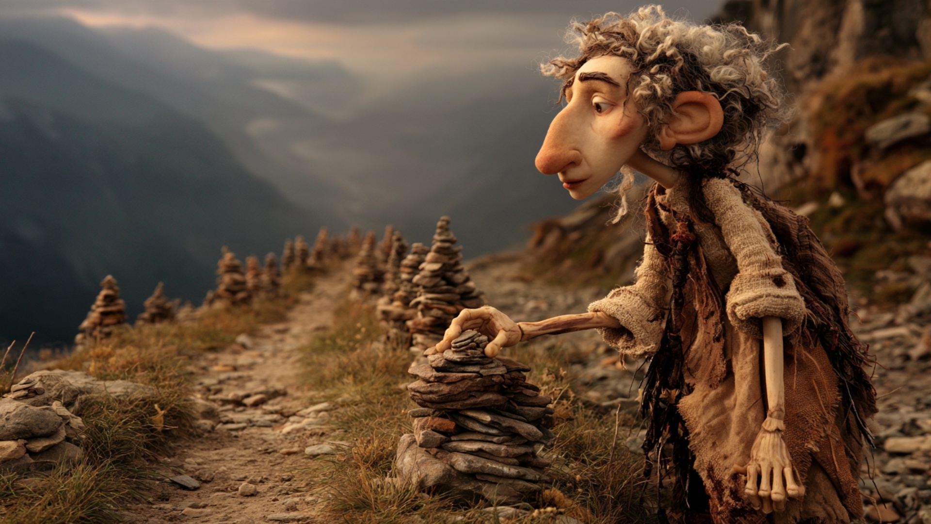 Cinematic push-in from the mountain path toward the woman and the stone cairn. She carefully lowe...
