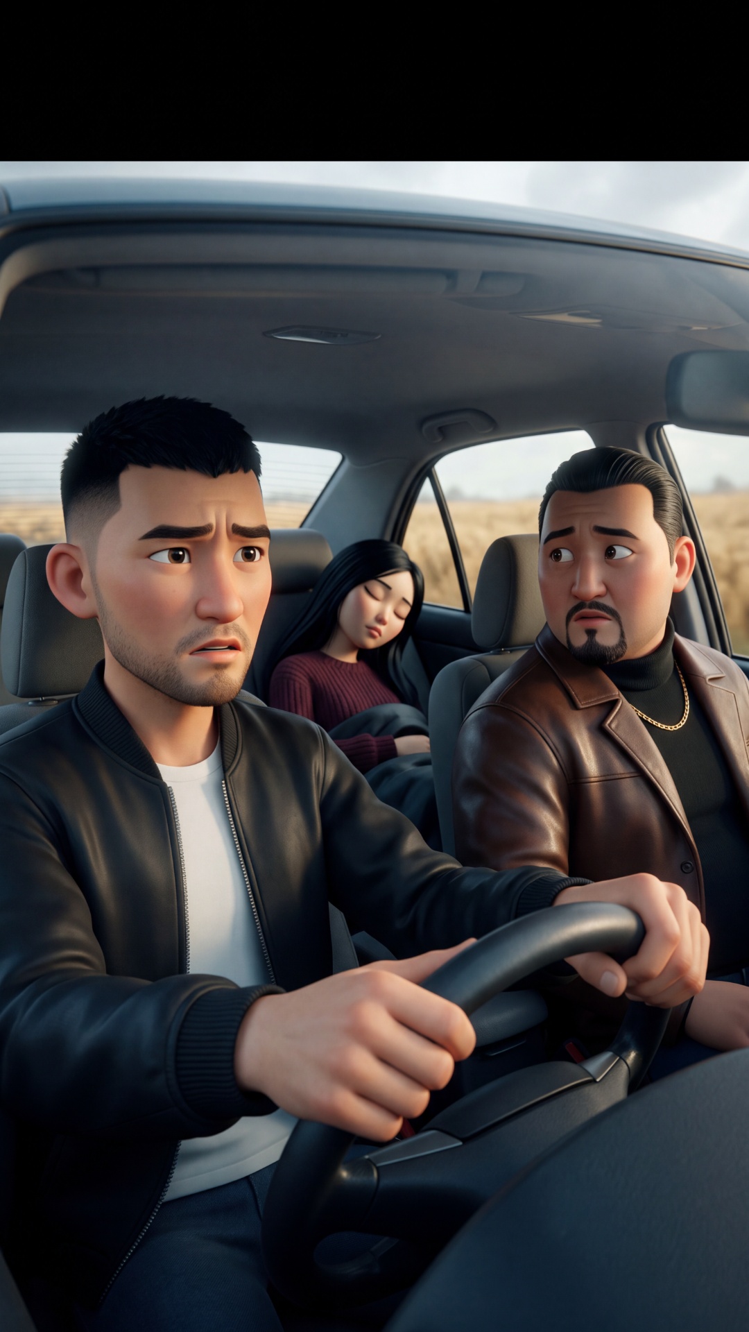 "Interior of car driving in daytime, fields moving outside windows. Talant, 30-year-old Kyrgyz ma...