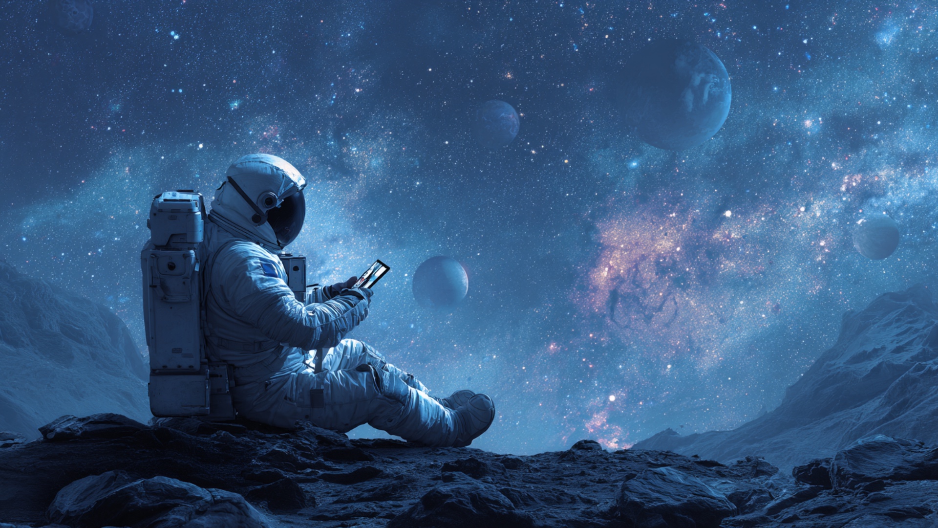 in the silence of deep space, an astronaut sits on a rocky surface, gently hovering weightless be...
