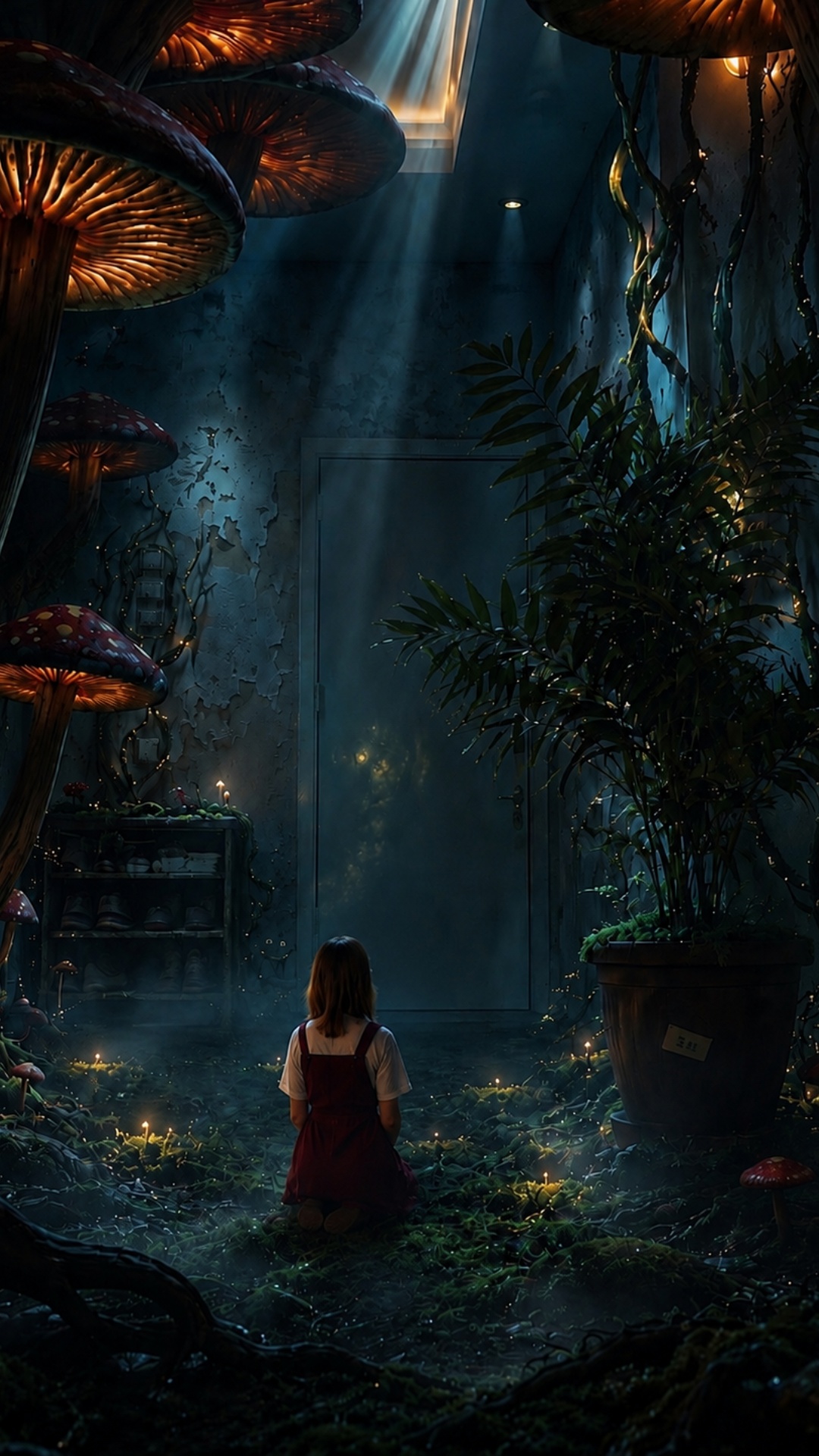 The girl slowly rises from her kneeling position and smoothly stands up.

She ends in the exact...