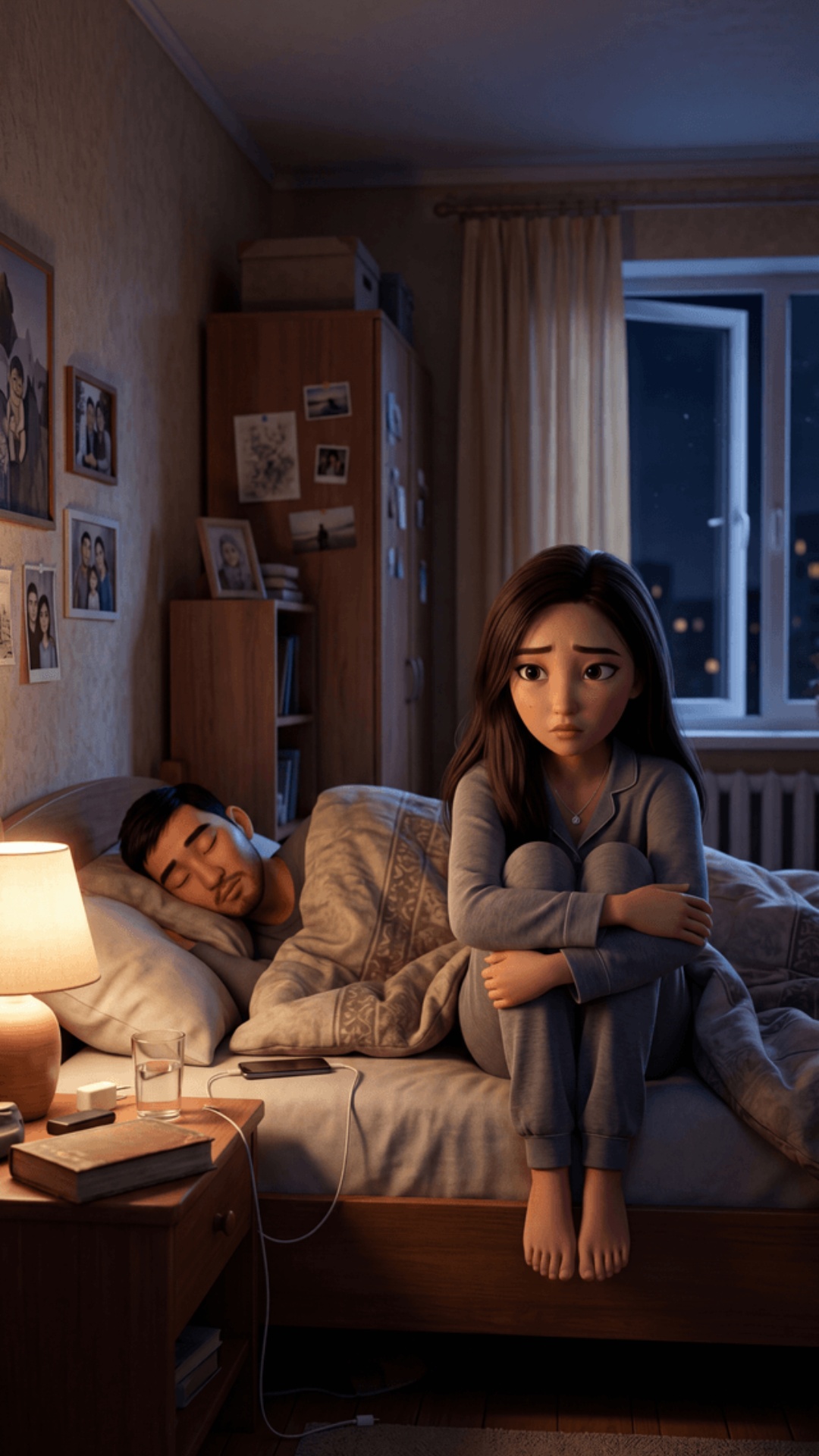 Pixar 3D animation style, cinematic 4K.
Moscow apartment bedroom, late night, dim warm lamp.

Gir...