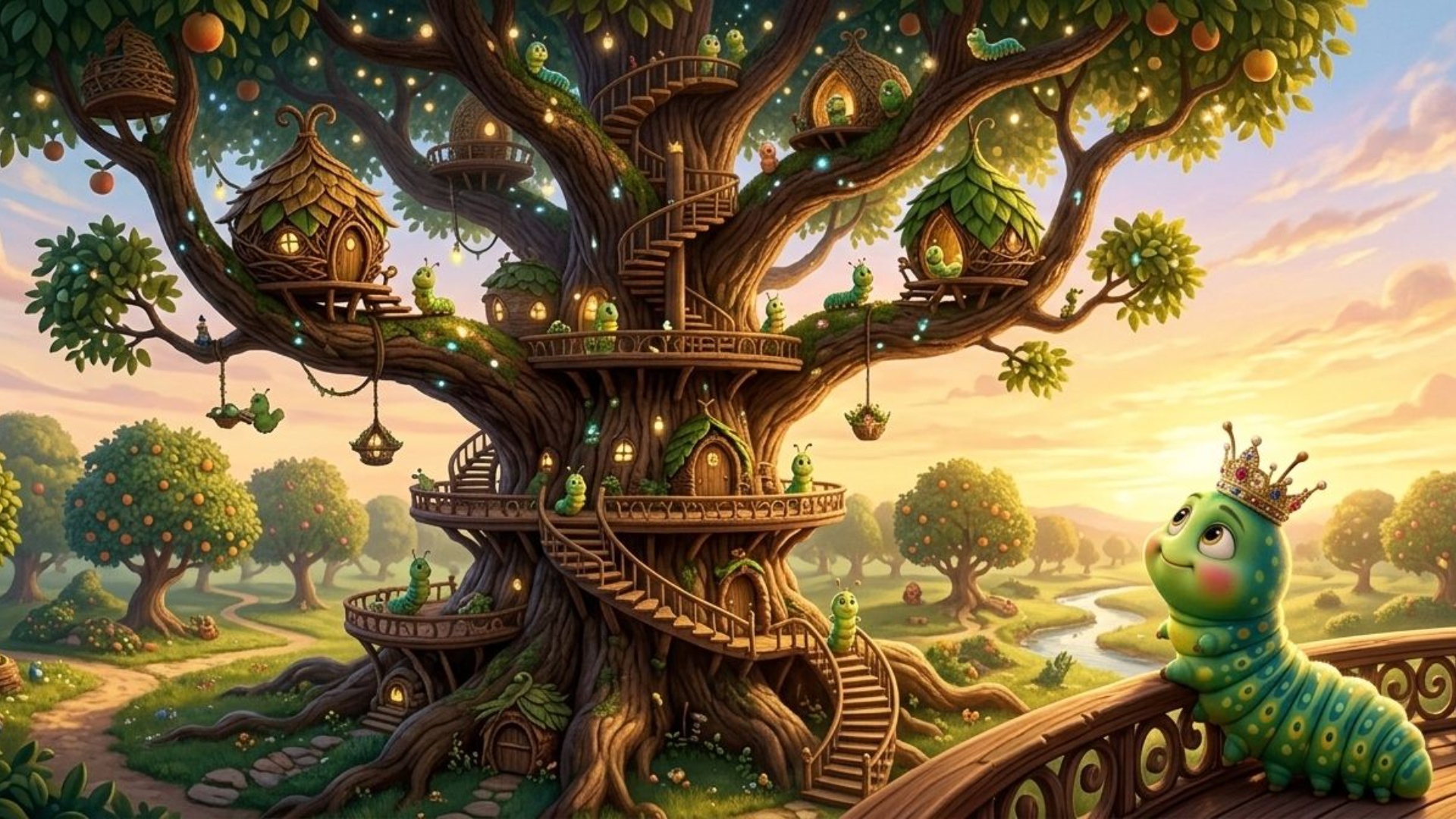 “Cinematic Pixar-style animated scene at sunrise in a magical orchard. Warm golden volumetric lig...