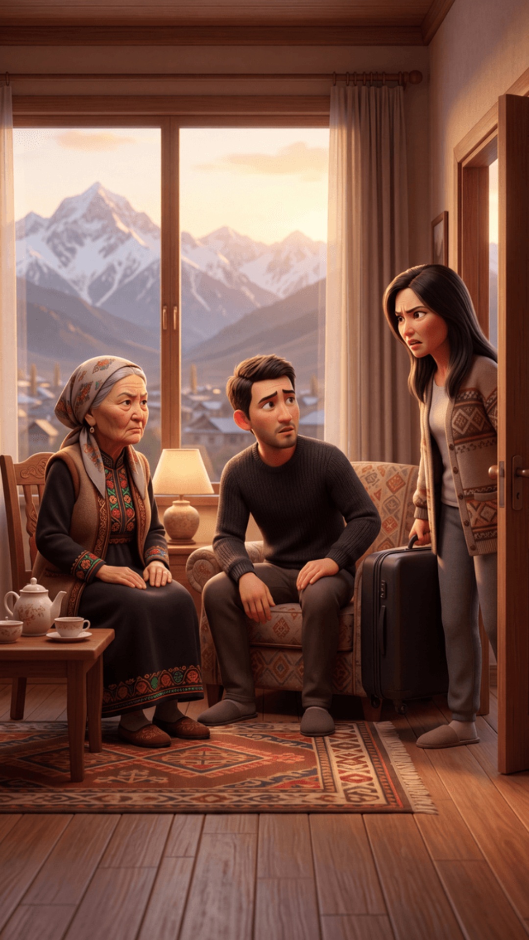Cinematic video, continuation of the previous scene in the same Kyrgyz home.

Warm evening light,...