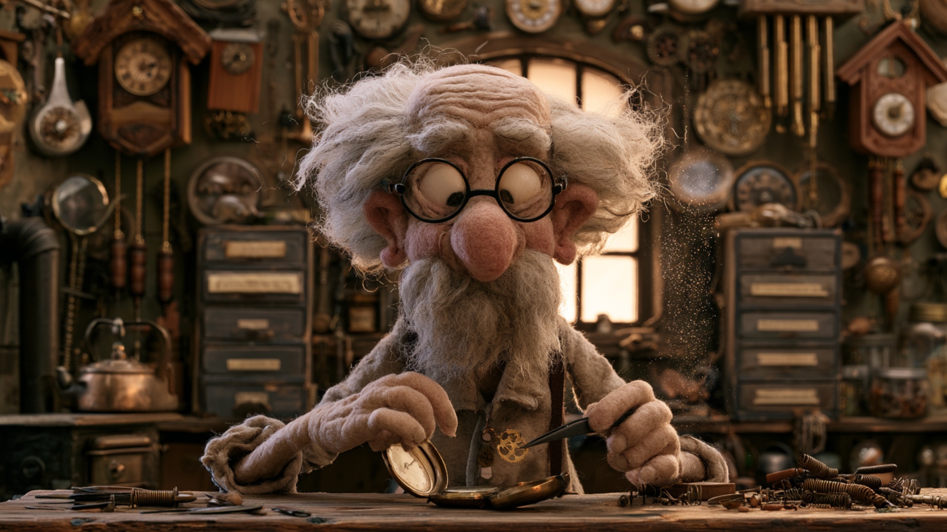 Keep both hands close to the workbench exactly as shown. The clockmaker slowly moves the tweezers...