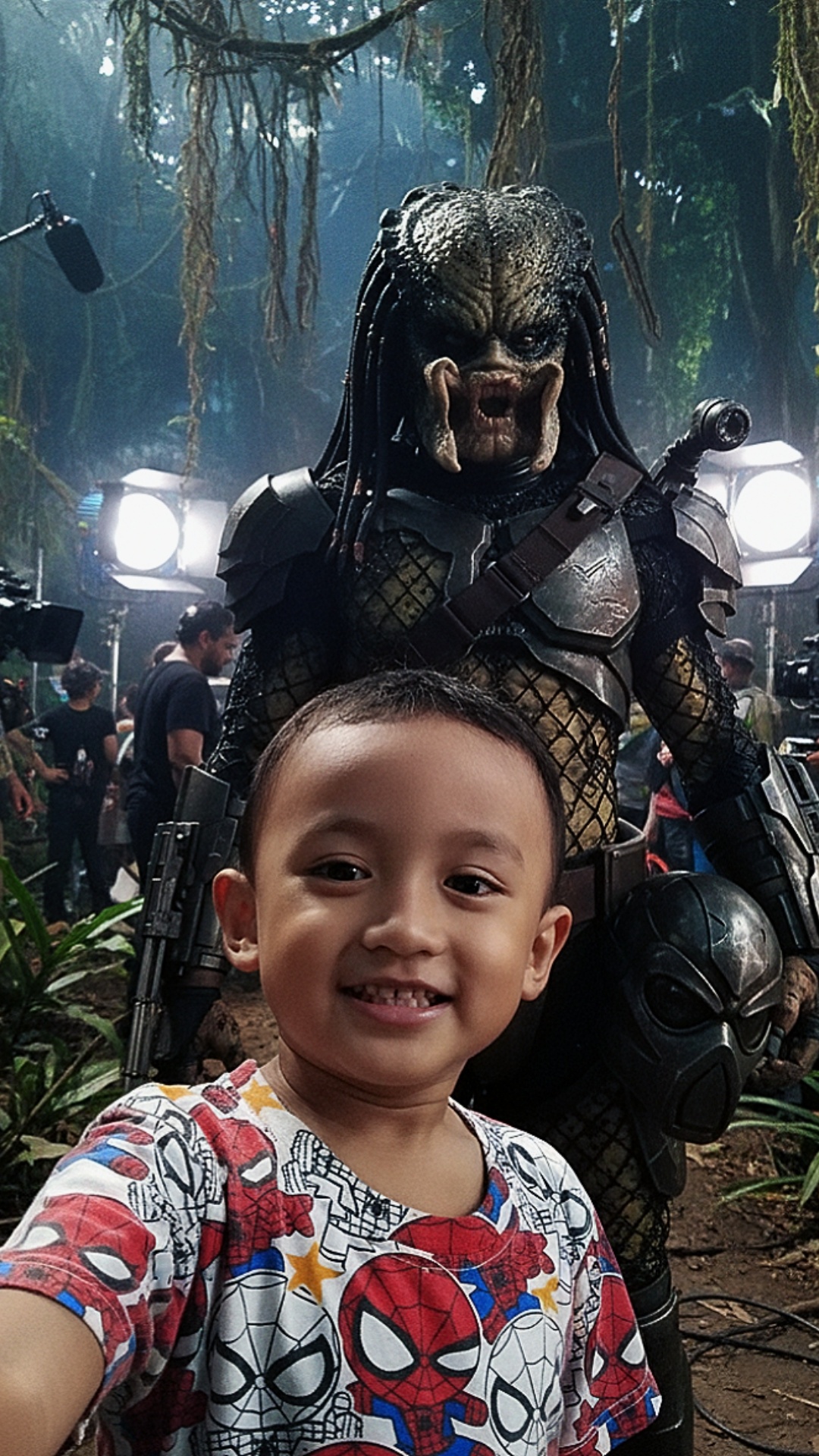 Buatlah anak pada gambar pertama melakukan selfi di lokasi syuting dengan tersenyum, lalu berlari...