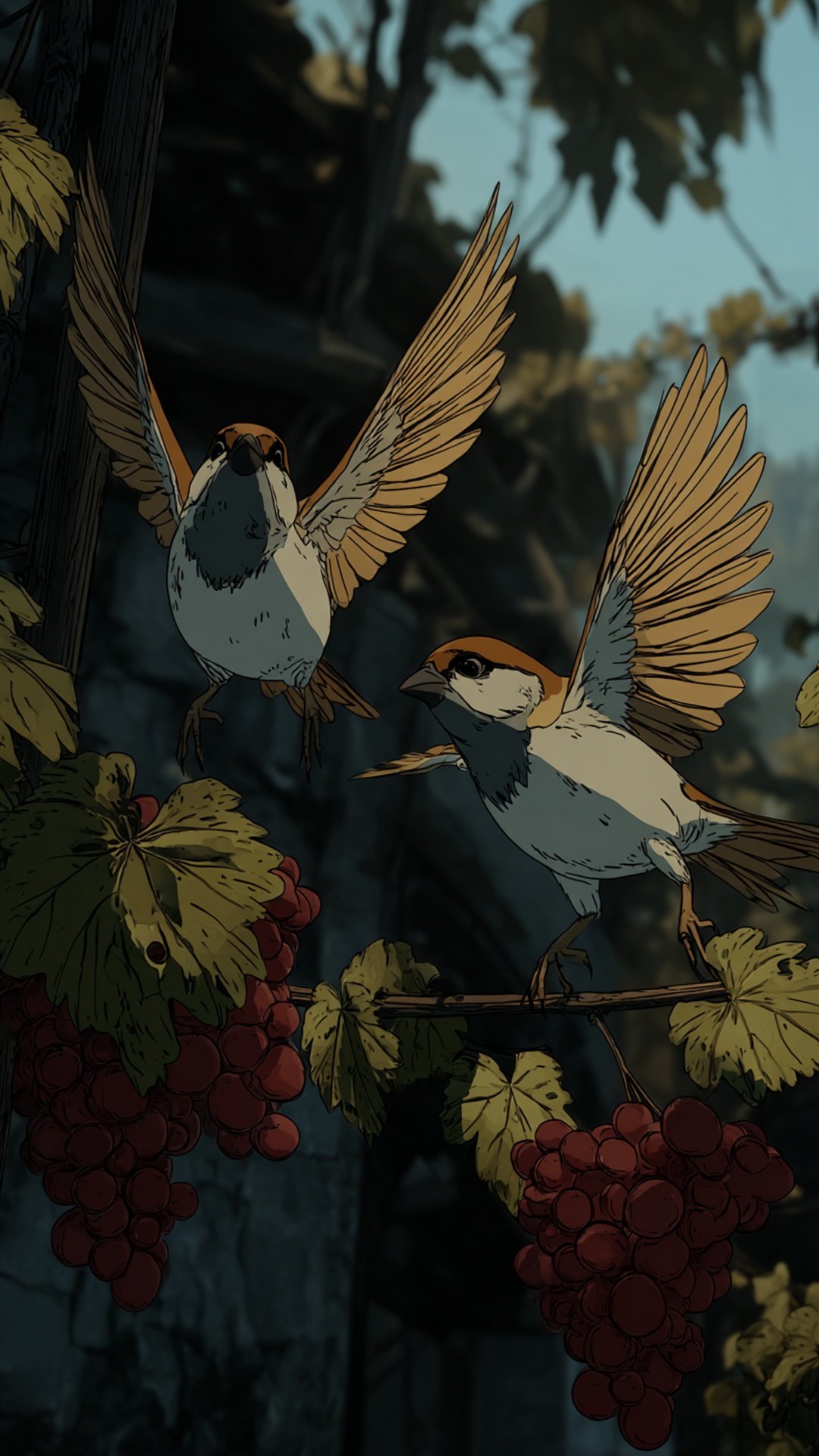 Camera slowly zooms out, natural micromovements of birds