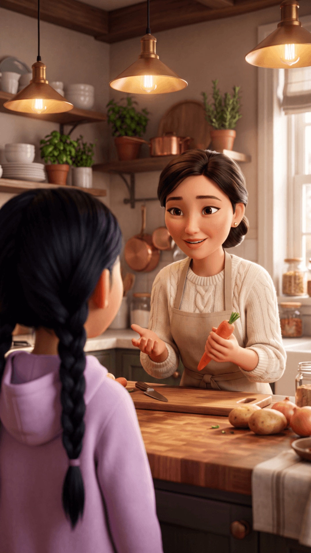 Pixar-style 3D animation, cozy upscale kitchen, warm brass pendant lights, herbs on open shelves,...