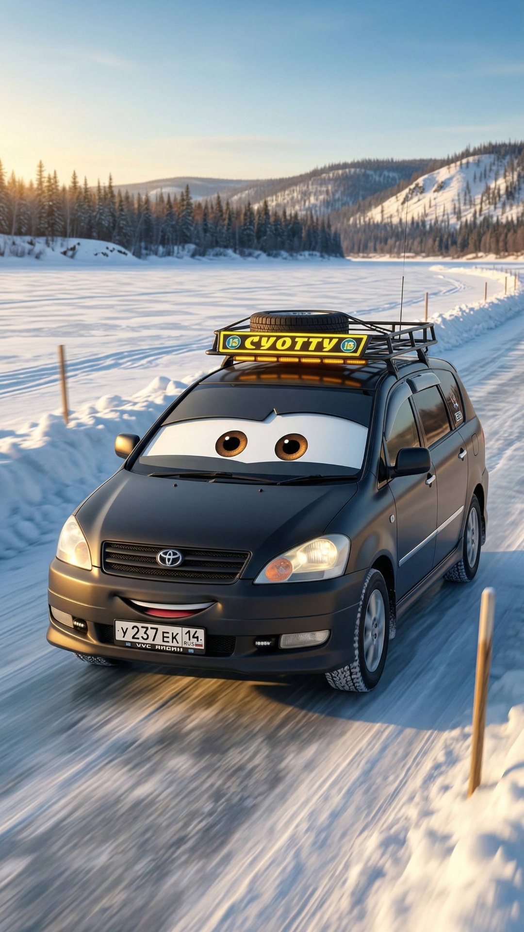 A car, strictly matching the reference image, drives forward on the same road and in the same env...