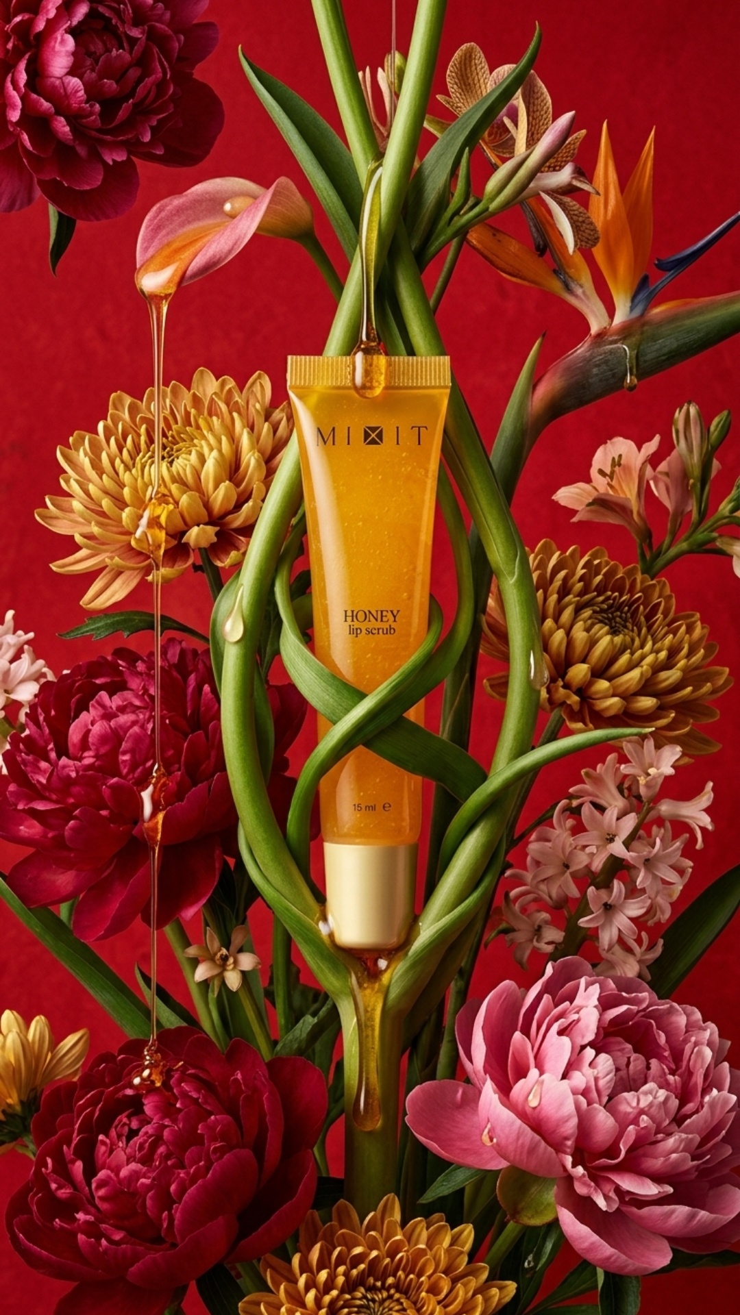 luxury beauty commercial animation, honey lip scrub tube, surrounded by organic plant stems, deep...