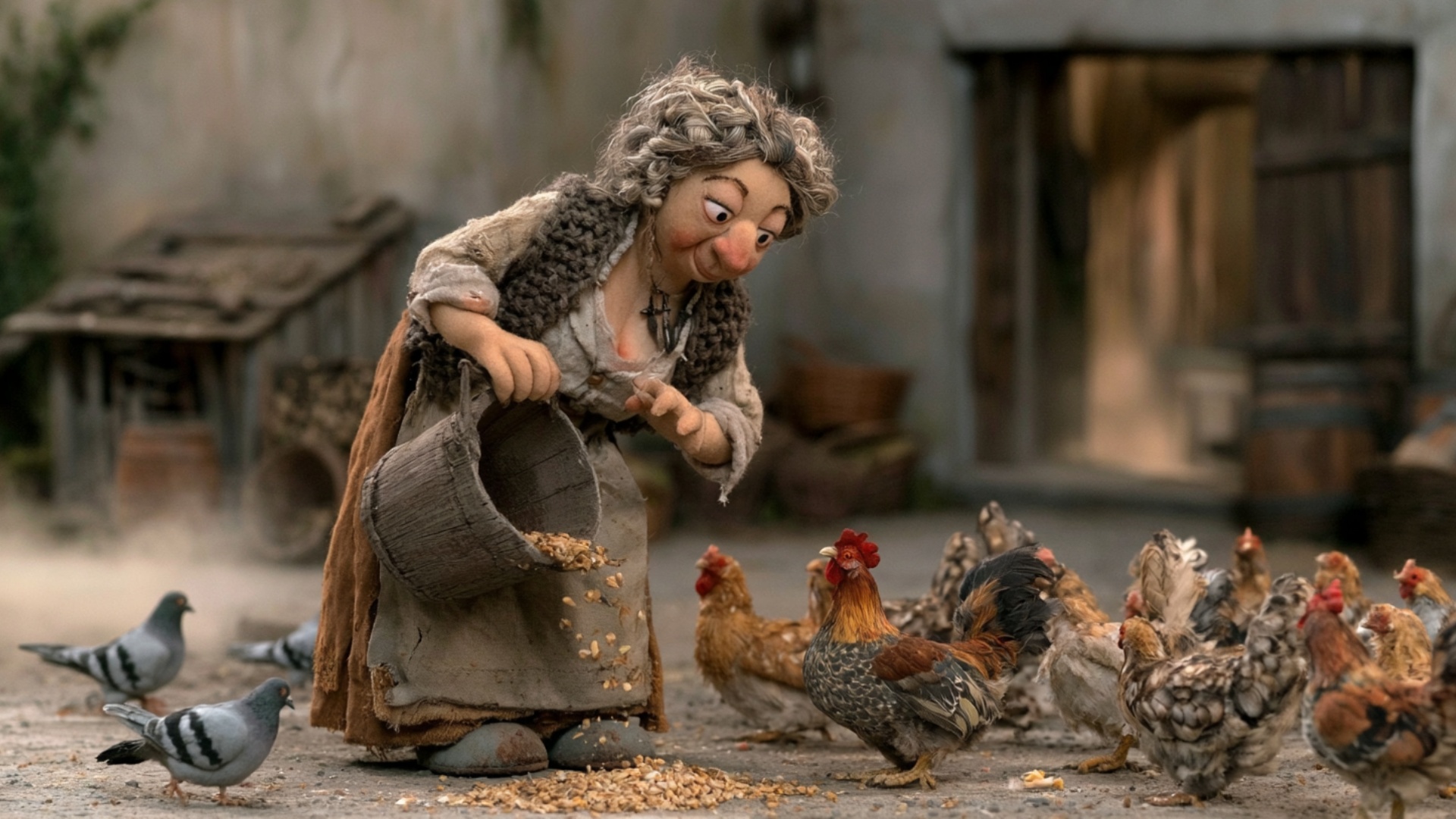 The woman steadily tilts the wooden bucket and pours a continuous visible stream of grain onto th...