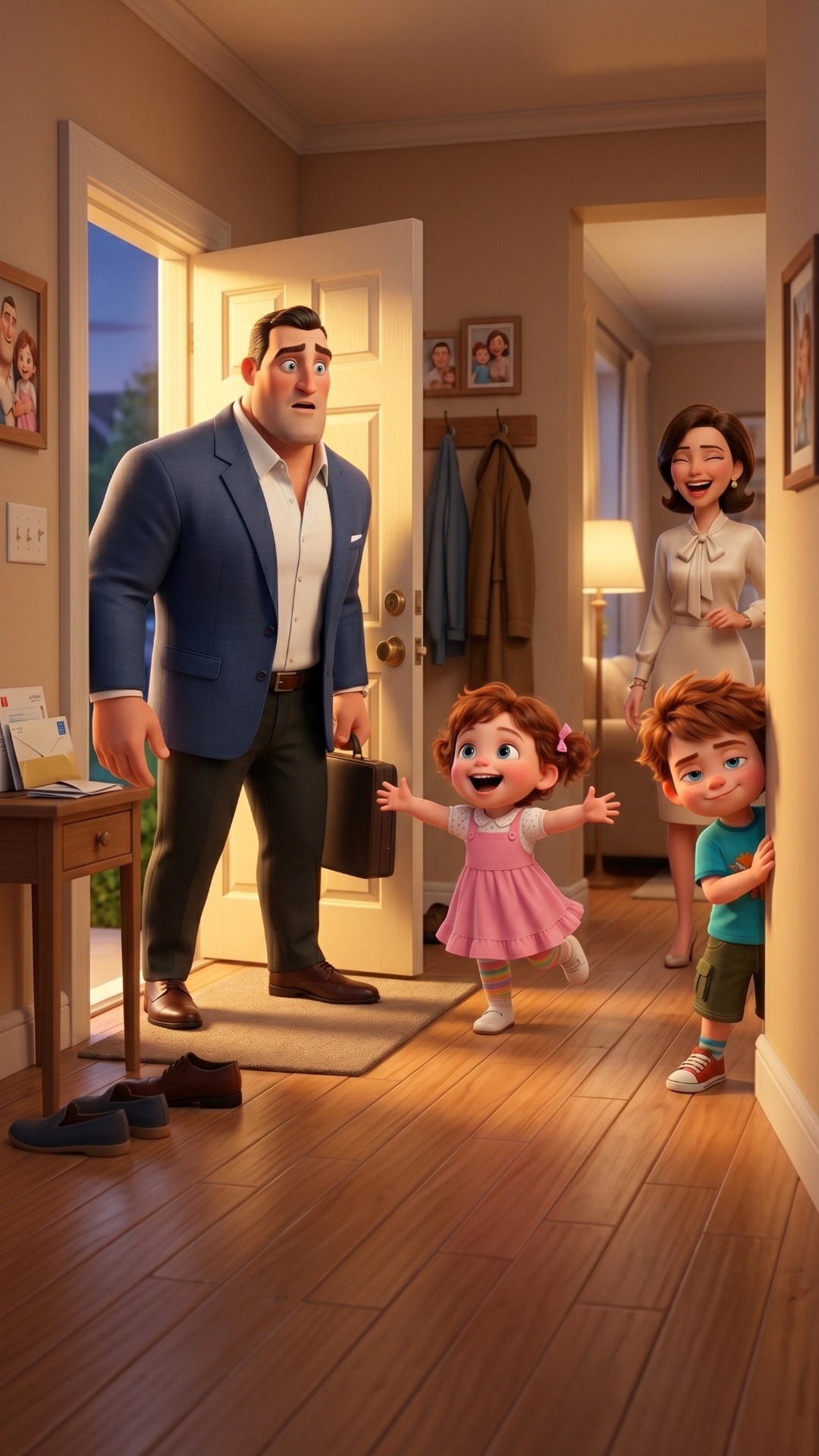 The Arrival: Dad Andrey (the man in a blue blazer) steps inside through the front door. Sonya (th...