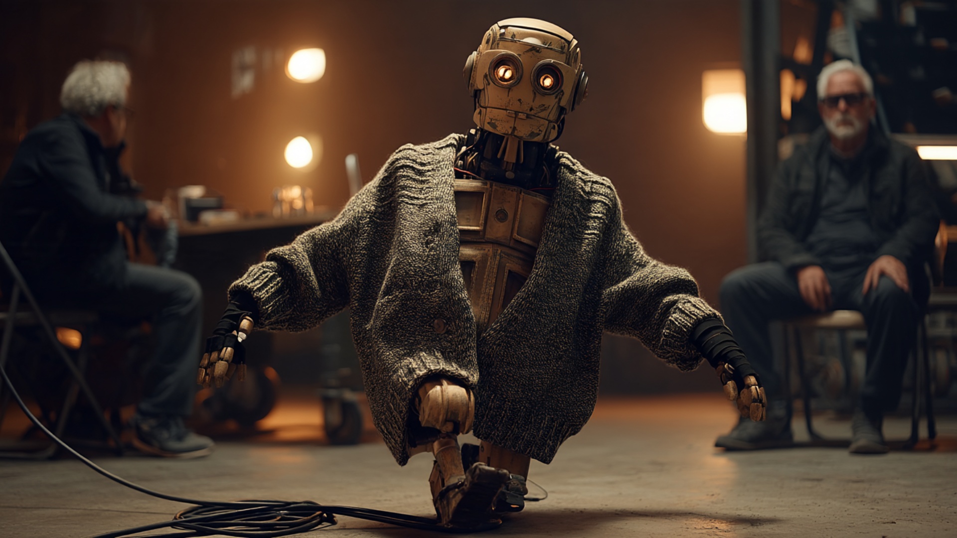 The old android in the grey knitted cardigan has just tripped over a black cable and sits awkward...