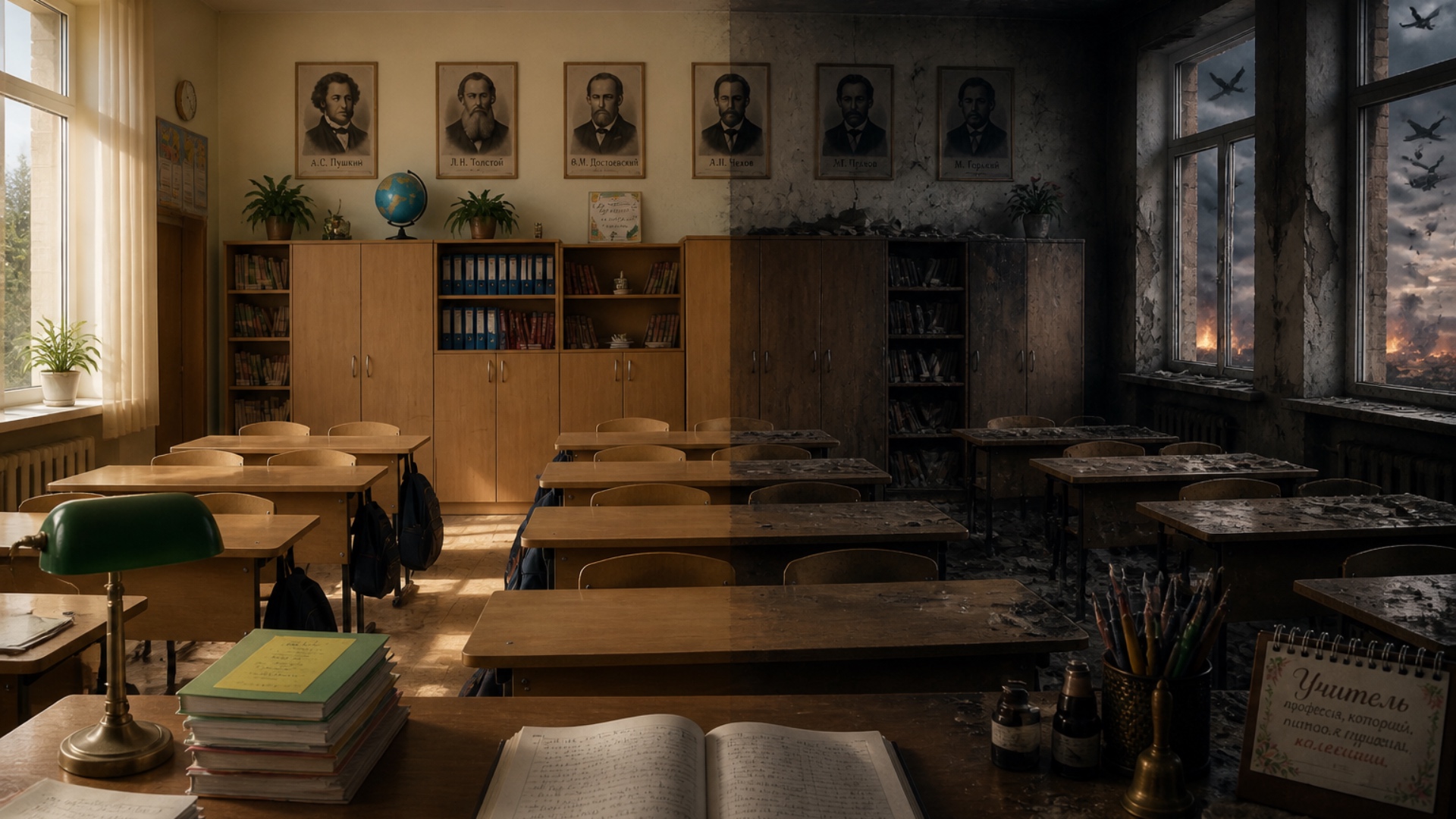 Cinematic realistic video, slow and smooth transformation of an entire Soviet school classroom (R...