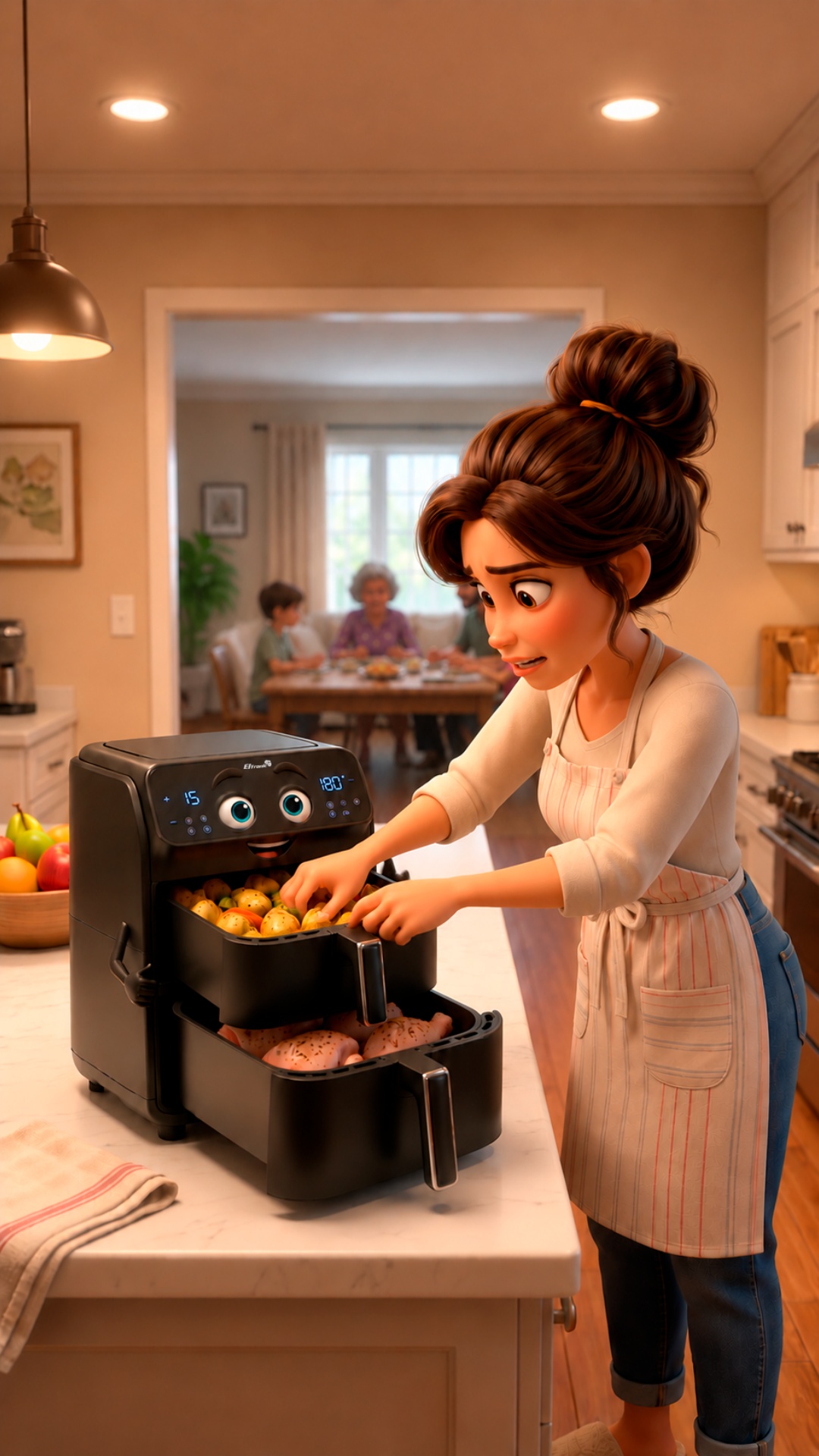 The mother opens both air fryer drawers and quickly rearranges the food more compactly. She caref...