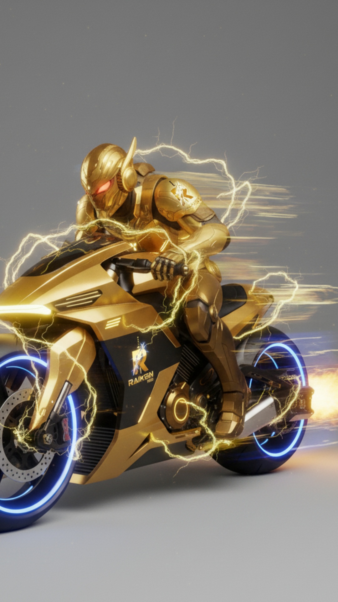 A dramatic medium shot of a golden samurai robot, Raiken, with electric wings, facing a dark, sha...