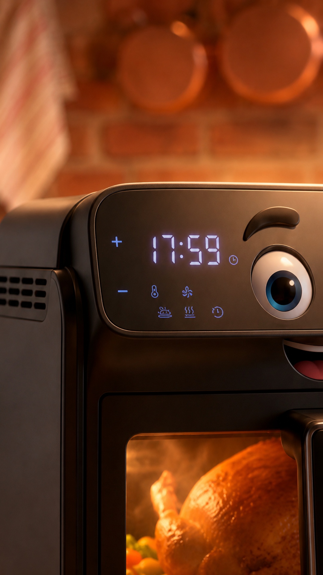 Static close-up of the air fryer control panel. The appliance remains completely motionless. Duri...