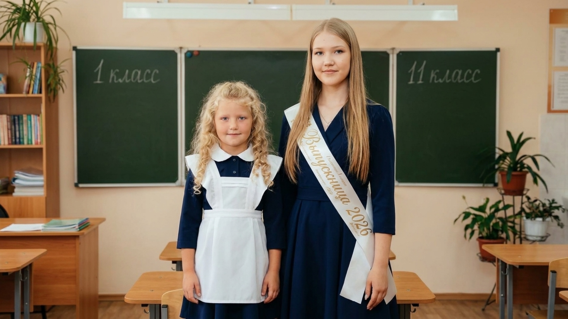 "Animate the scene from the uploaded image. Make the older girl gently lean toward the younger ch...