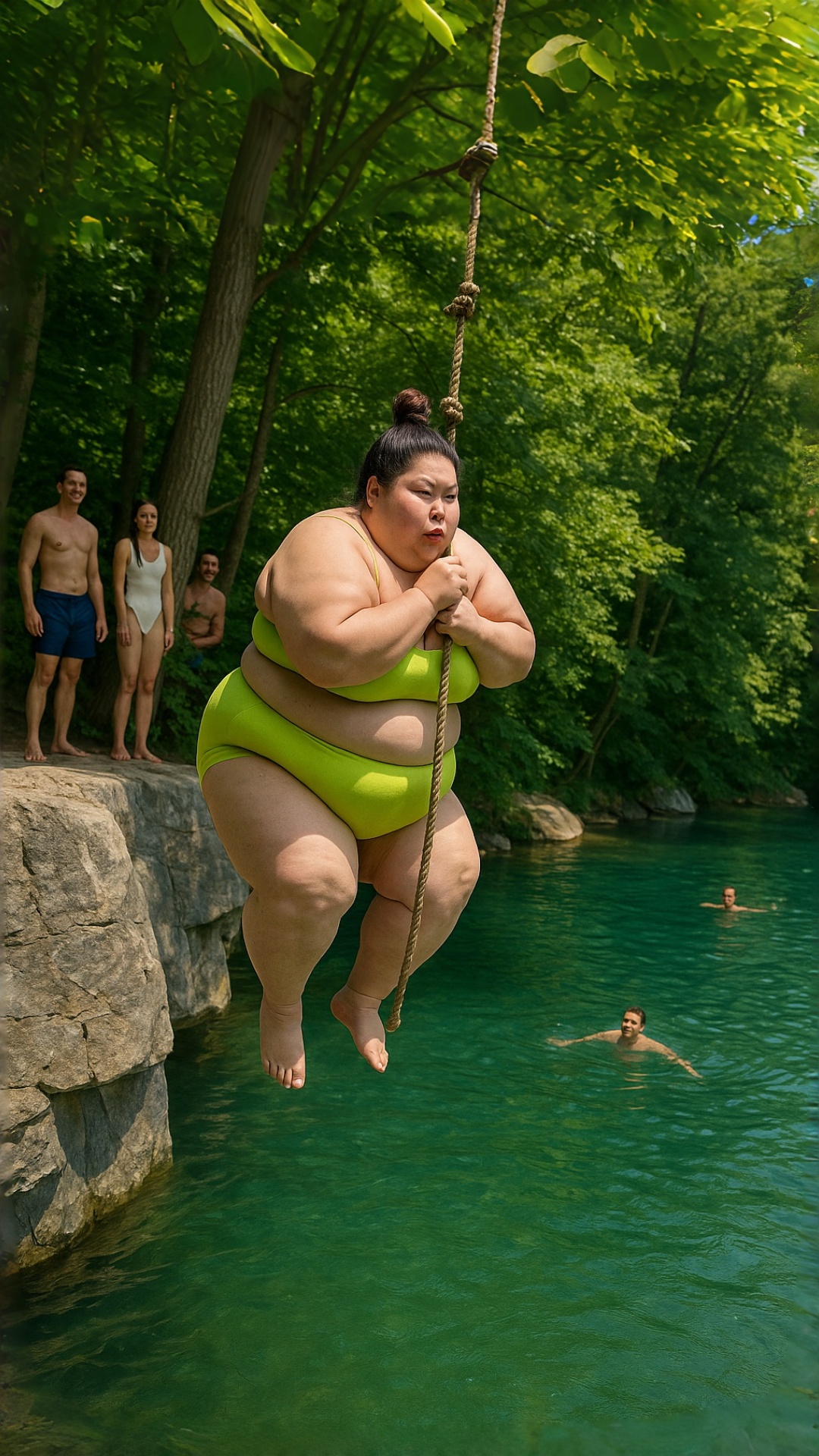 At a Korean mountain valley, a very fat Korean woman in a bright lime-green two-piece swimsuit sw...