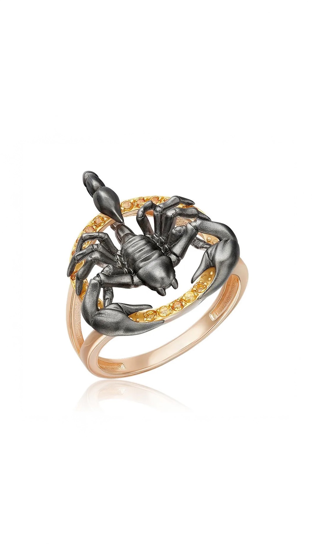 Subject: Luxury ring with a sculpted black scorpion on top  
Context: High-end, cinematic jewelry...