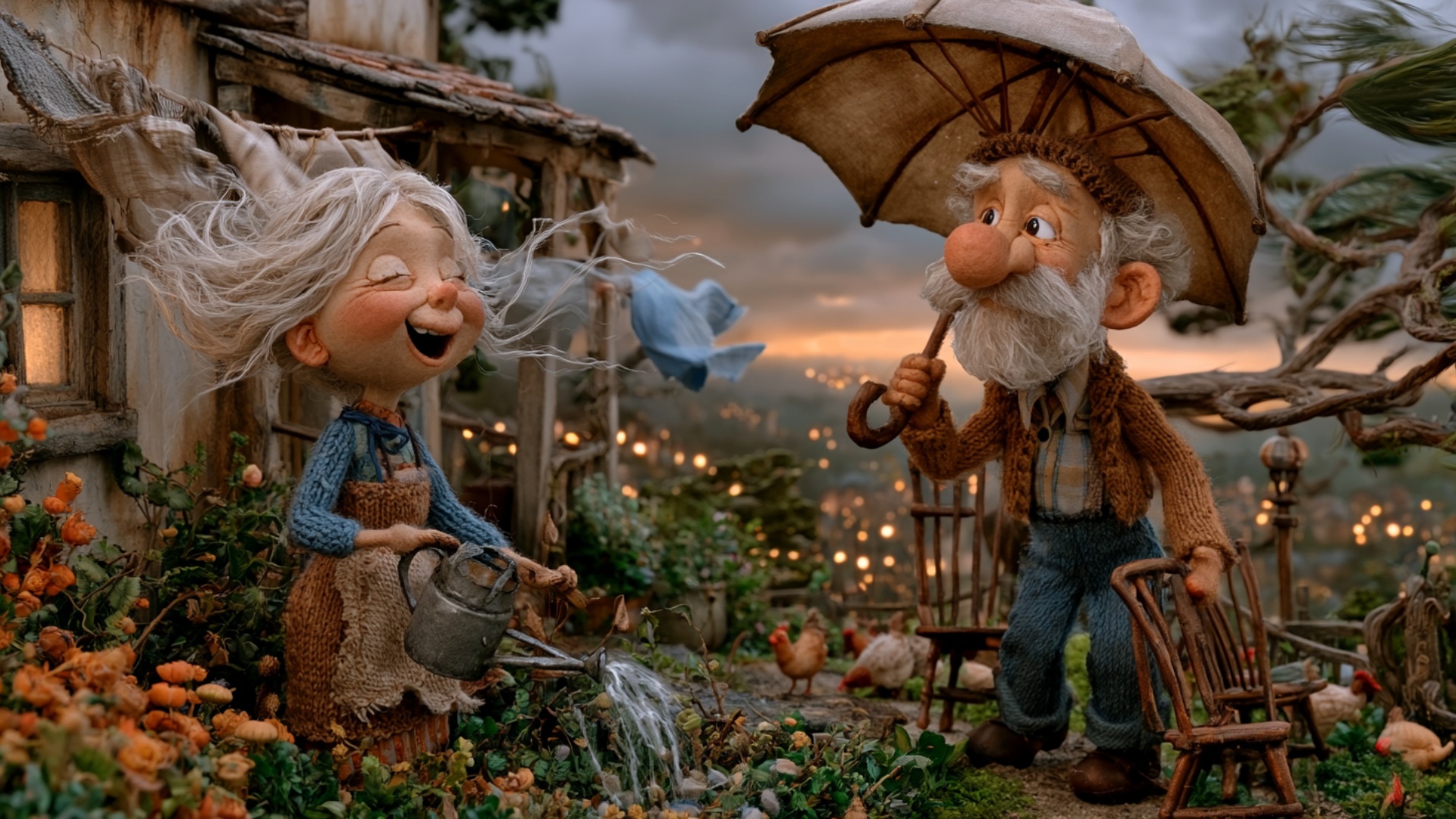 The elderly woman keeps watering the flowers, gently sweeping the stream of water across the plan...