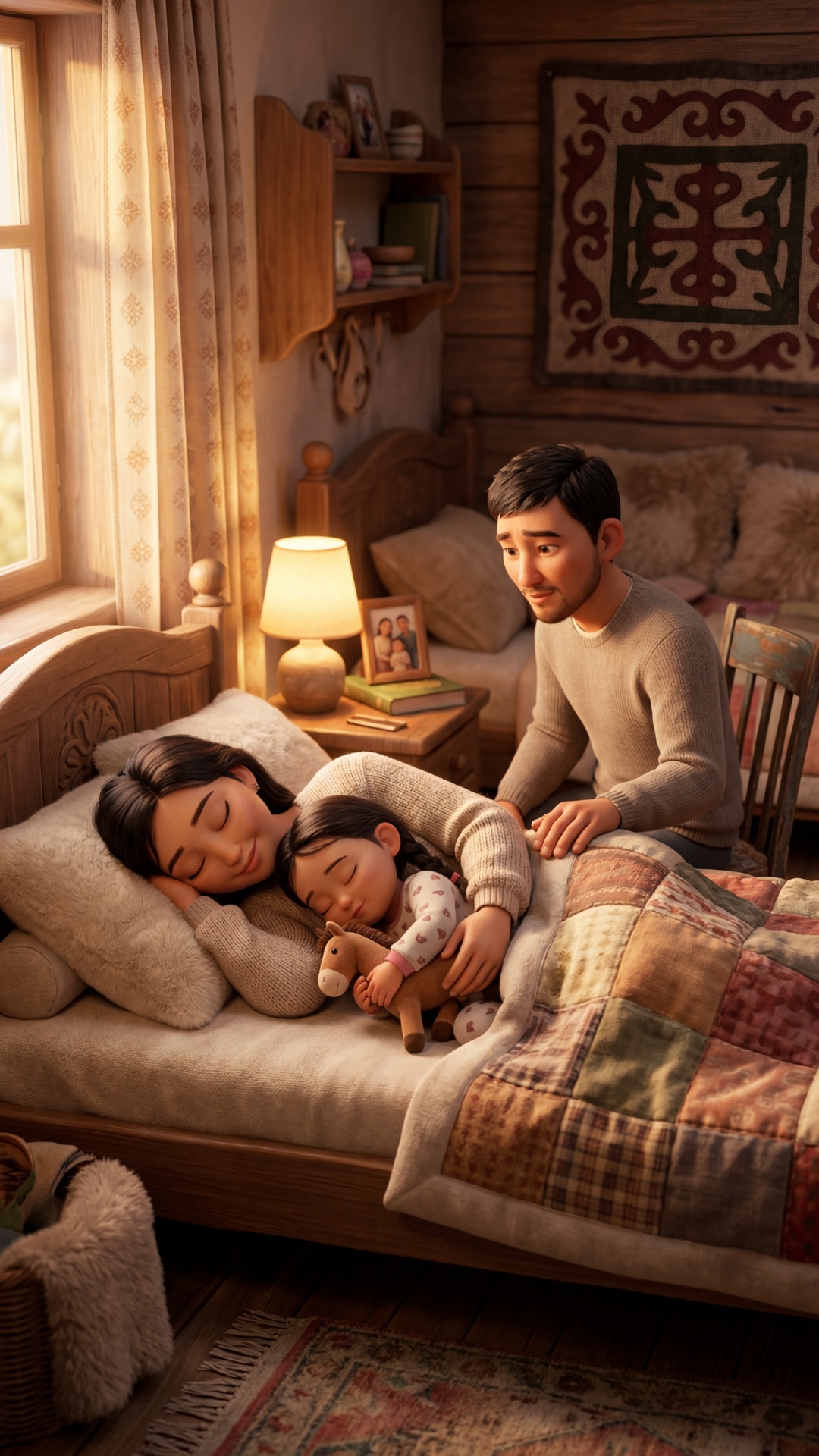 Vertical 9:16 video.

Quiet night. Aydana and daughter sleeping peacefully. Azamat watching the...